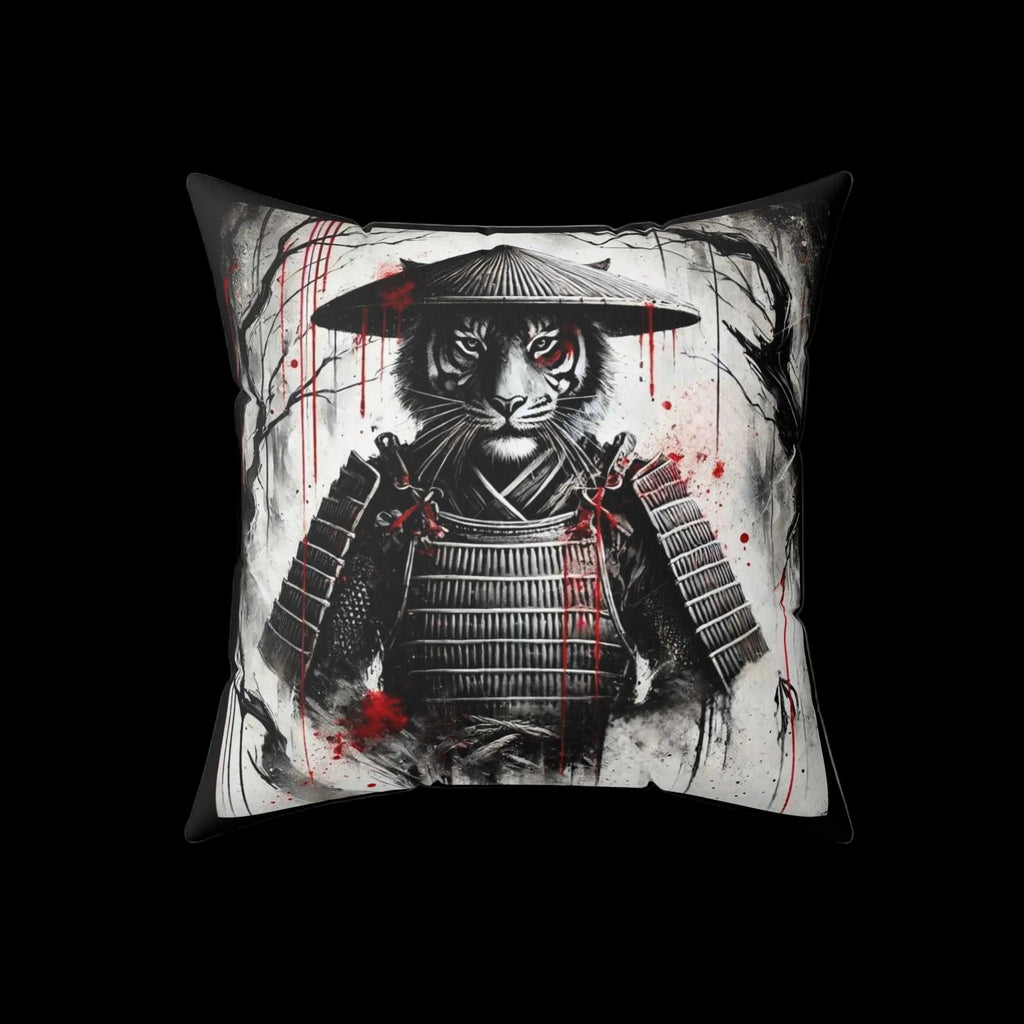 Samurai Tiger throw pillow featuring a detailed tiger and samurai design, perfect for stylish home decor.