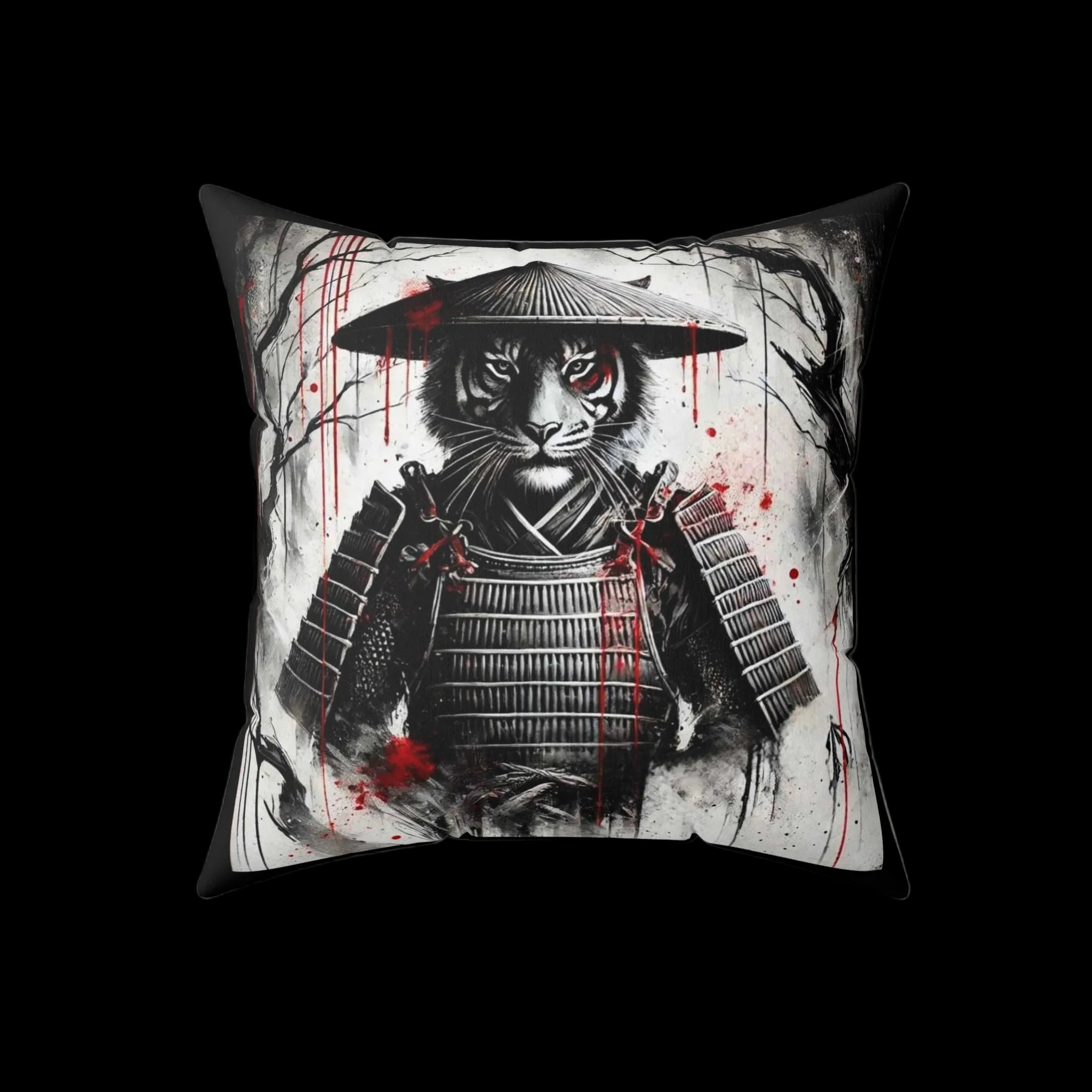 Samurai Tiger throw pillow featuring a detailed tiger and samurai design, perfect for stylish home decor.