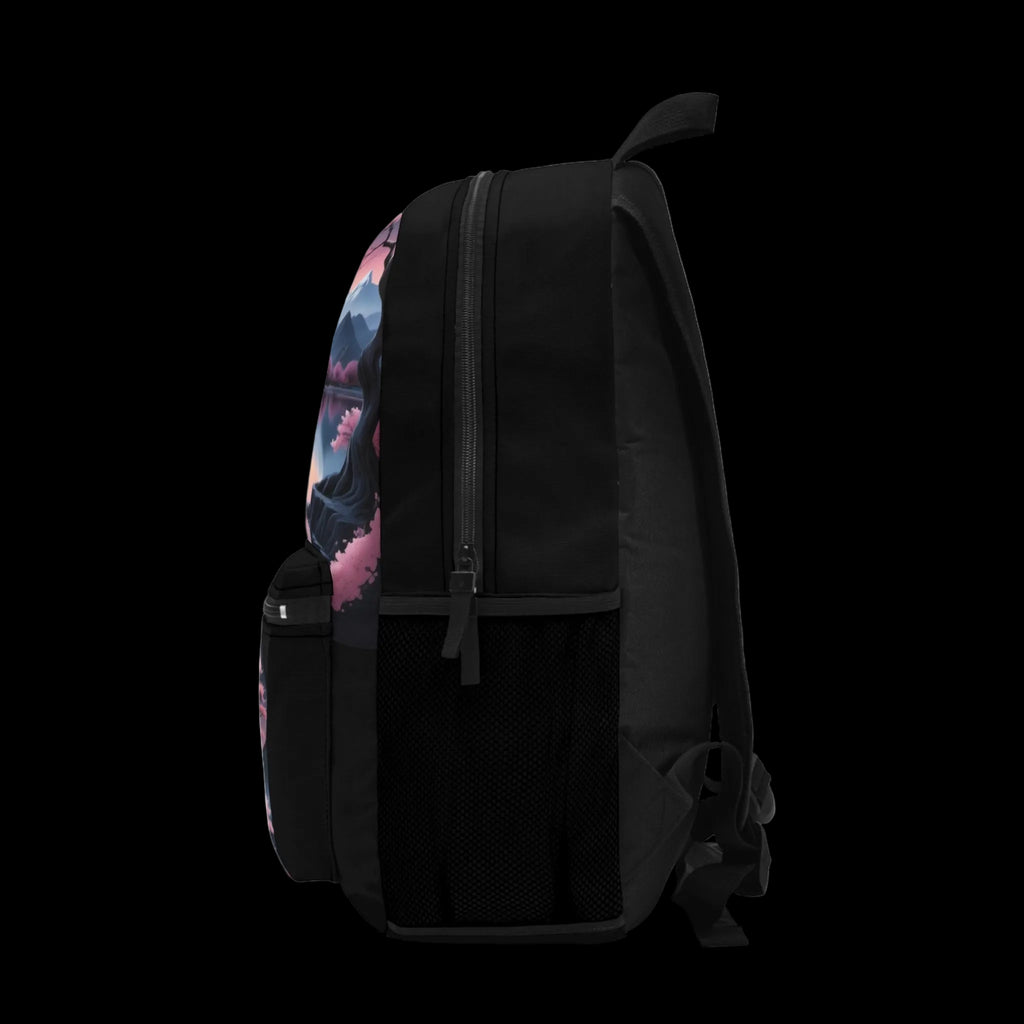 Japanese fantasy landscape backpack featuring vibrant artwork of mountains and cherry blossoms, perfect for students and travelers.
