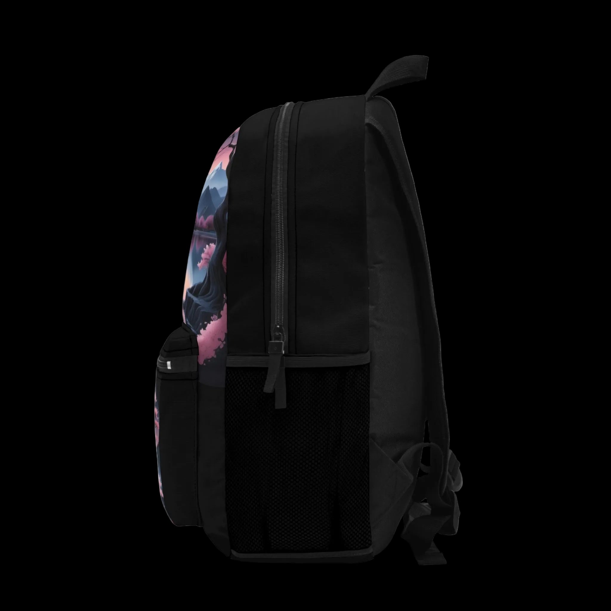 Japanese fantasy landscape backpack featuring vibrant artwork of mountains and cherry blossoms, perfect for students and travelers.