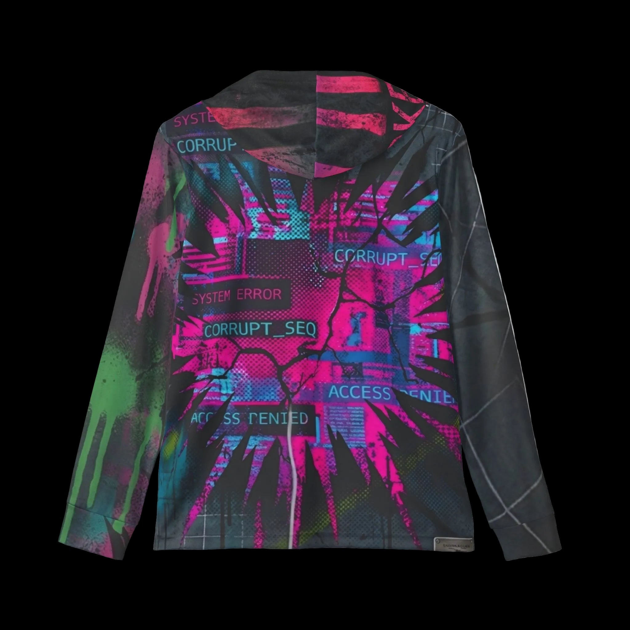 All over print Corrupt Chaos Warmup Hoodie by Chaos Kitten Emporium featuring bold, colorful chaos-themed design on a performance hoodie