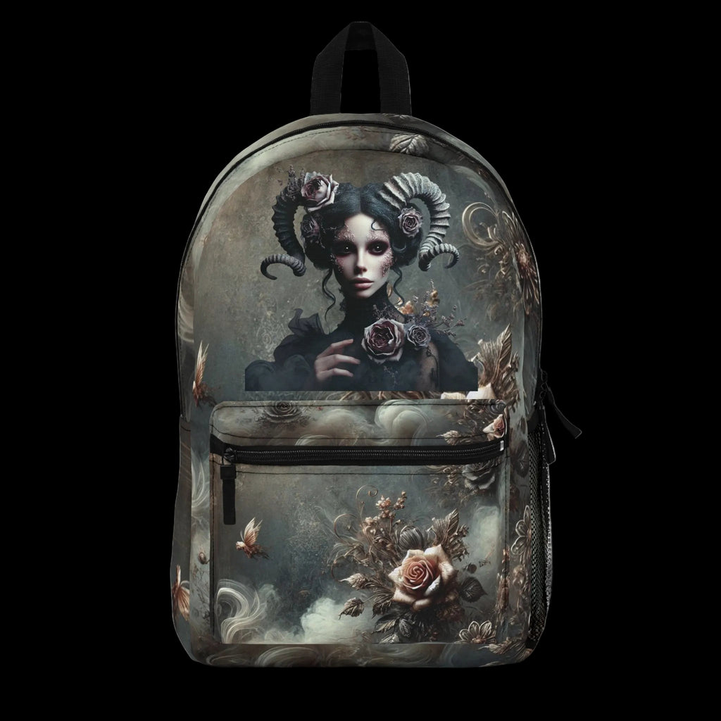 A backpack featuring a gothic-style printed illustration of a woman with large ram horns and roses, shown against a plain white background.