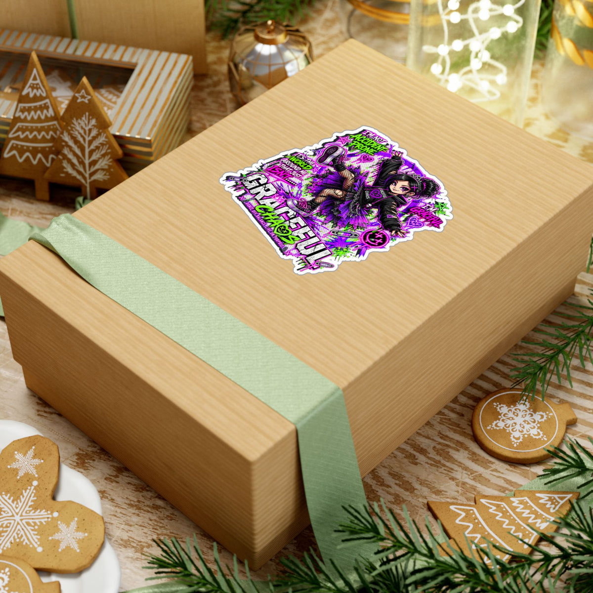 a box with a ribbon and ornaments
