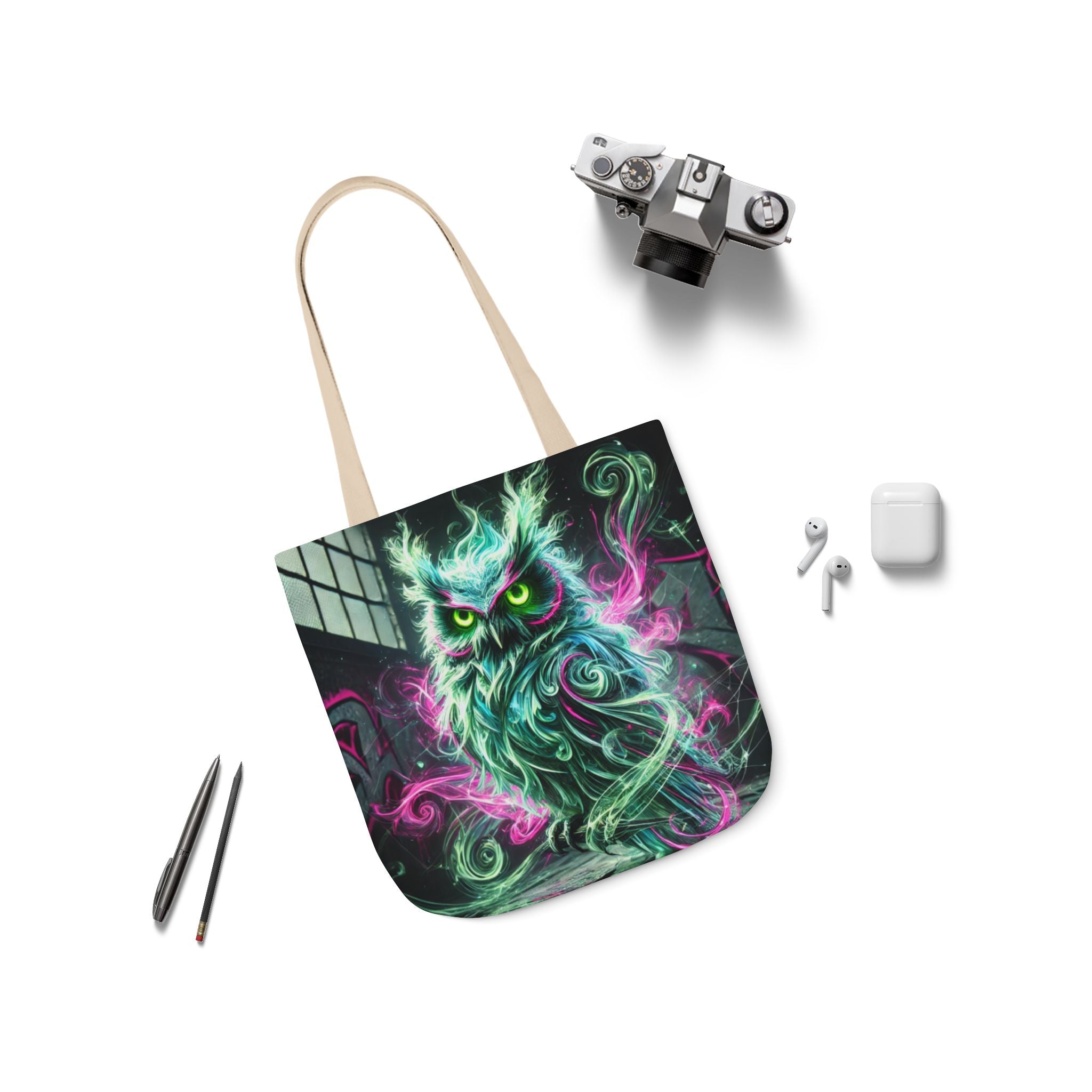 Mystic Owl all-over print tote bag with gothic design, showcasing a detailed owl illustration in black and white.