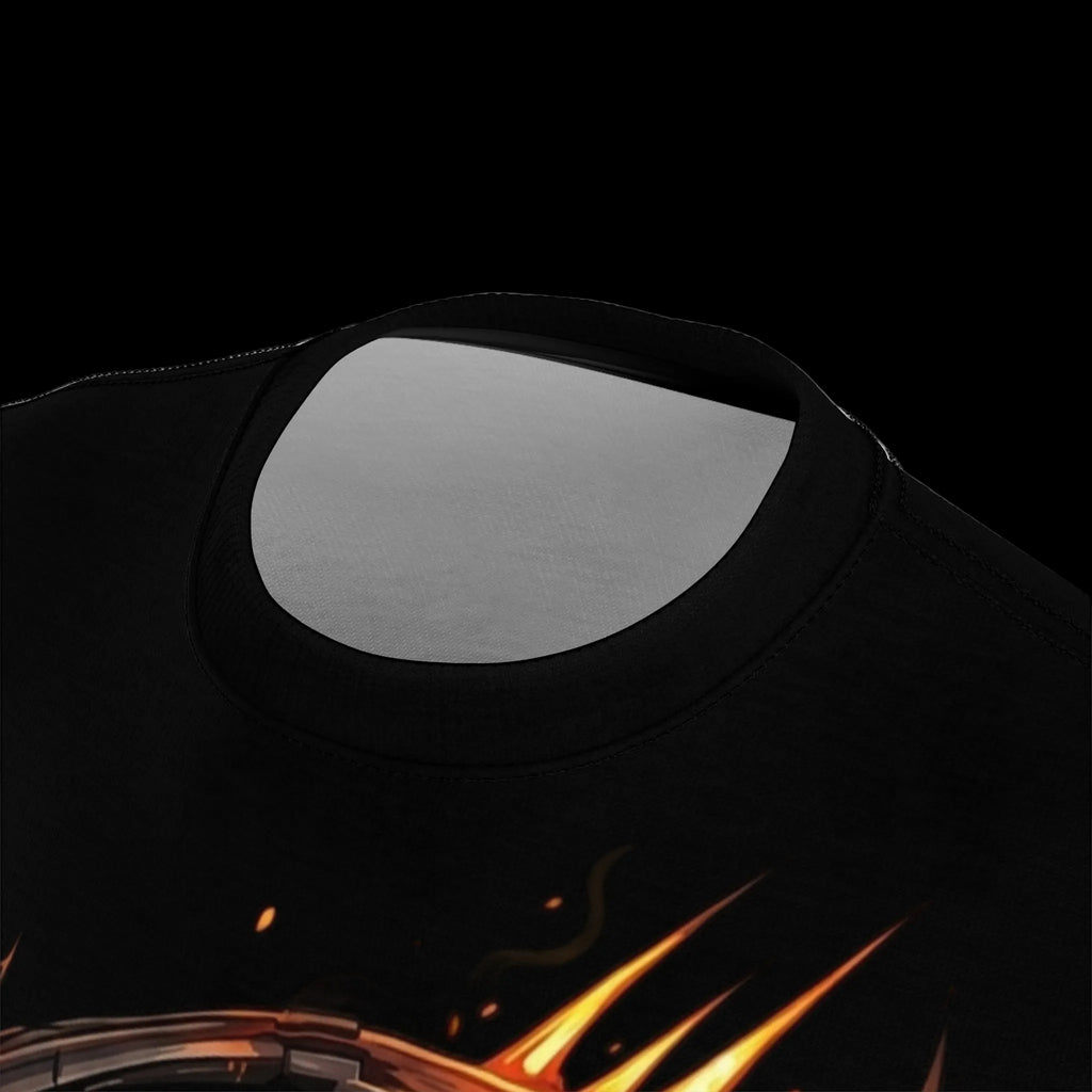 Inferno Gaze Performance Tee featuring a round neckline and dark fabric with flame-like abstract graphics.