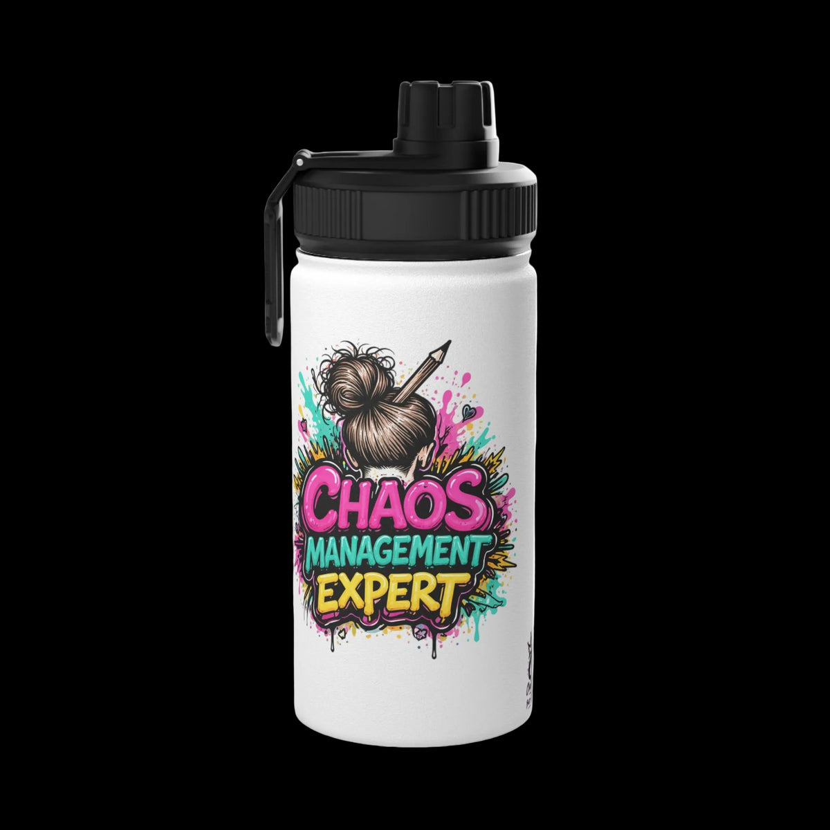 a white water bottle with a black lid