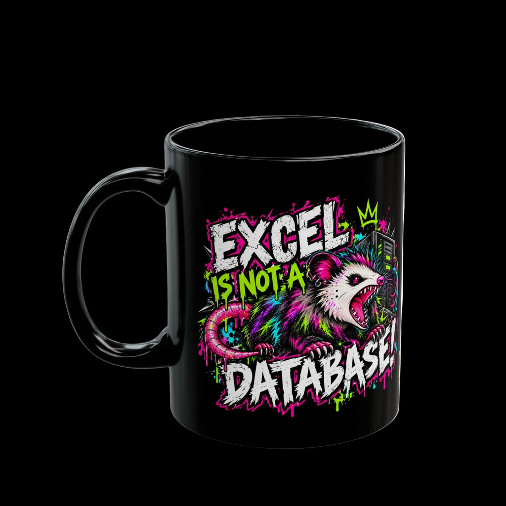 a black mug with a cartoon image on it