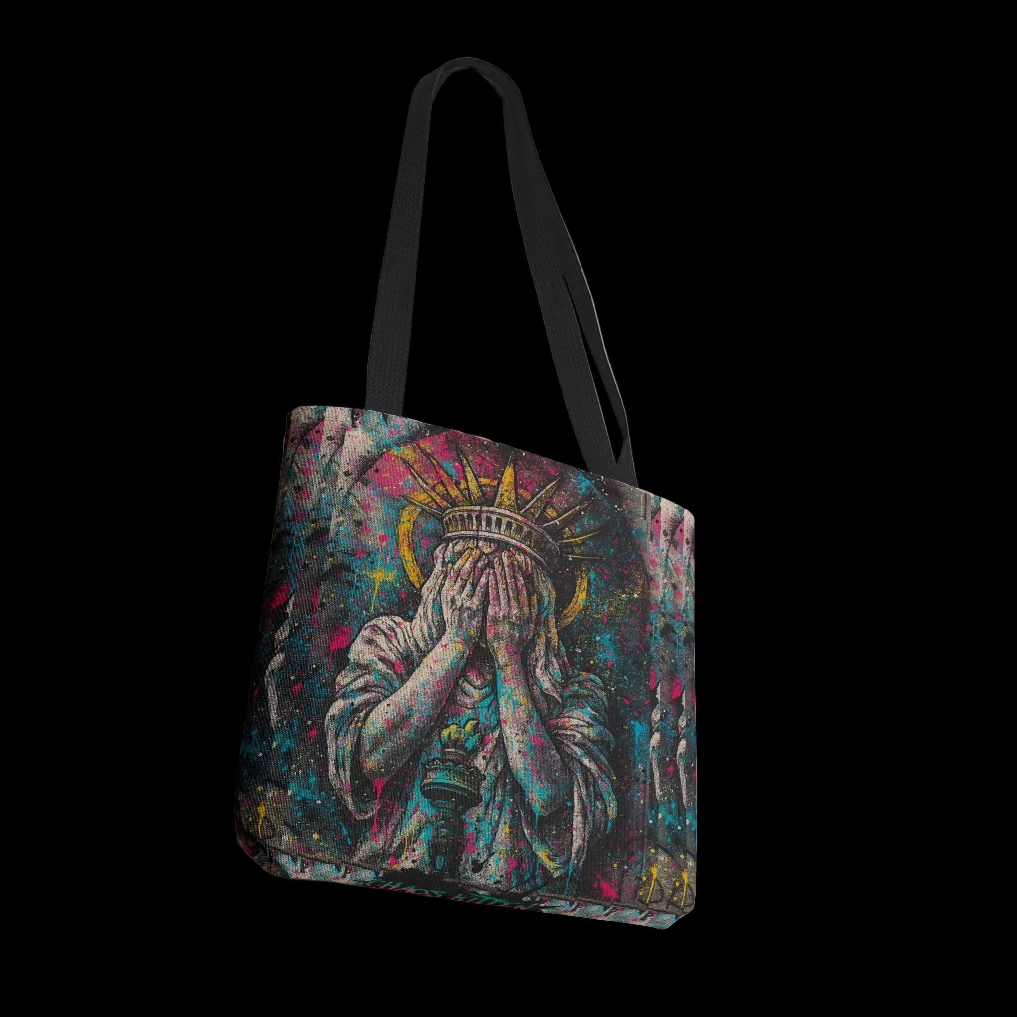 Graffiti-inspired Lady Liberty design on a spacious tote bag with shoulder straps, perfect for carrying essentials.