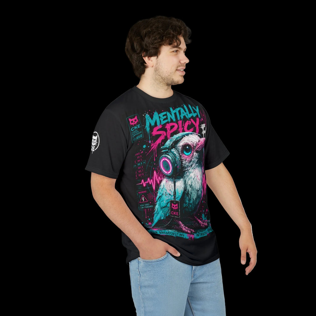 All-over print of Mentally Spicy Bird graphic on gothic-style T-shirt by Chaos Kitten Emporium, featuring bold bird artwork and dark design.