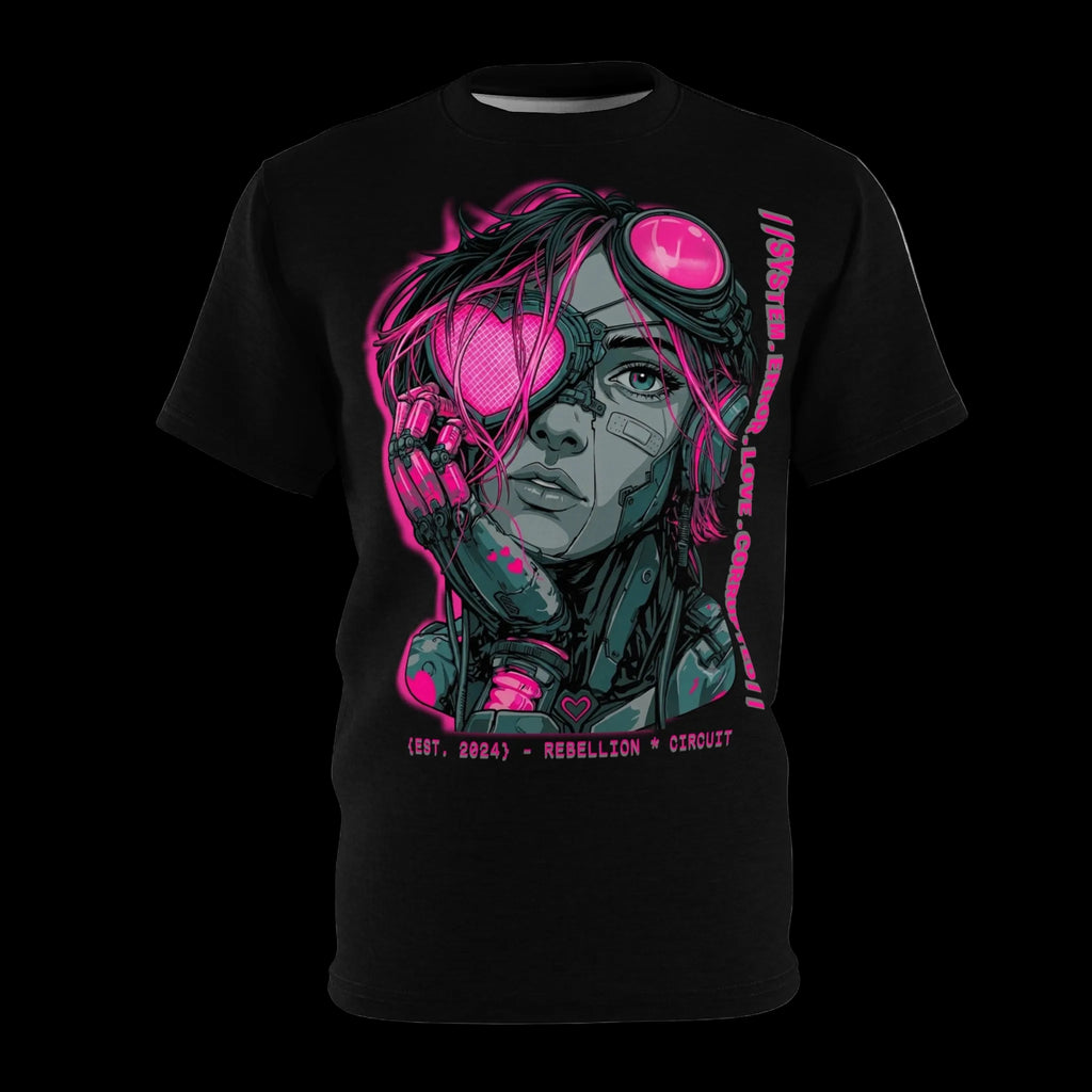 All-over print Gothic graphic tee featuring cybernetic conduit design from Chaos Kitten Emporium, printed by Printify.