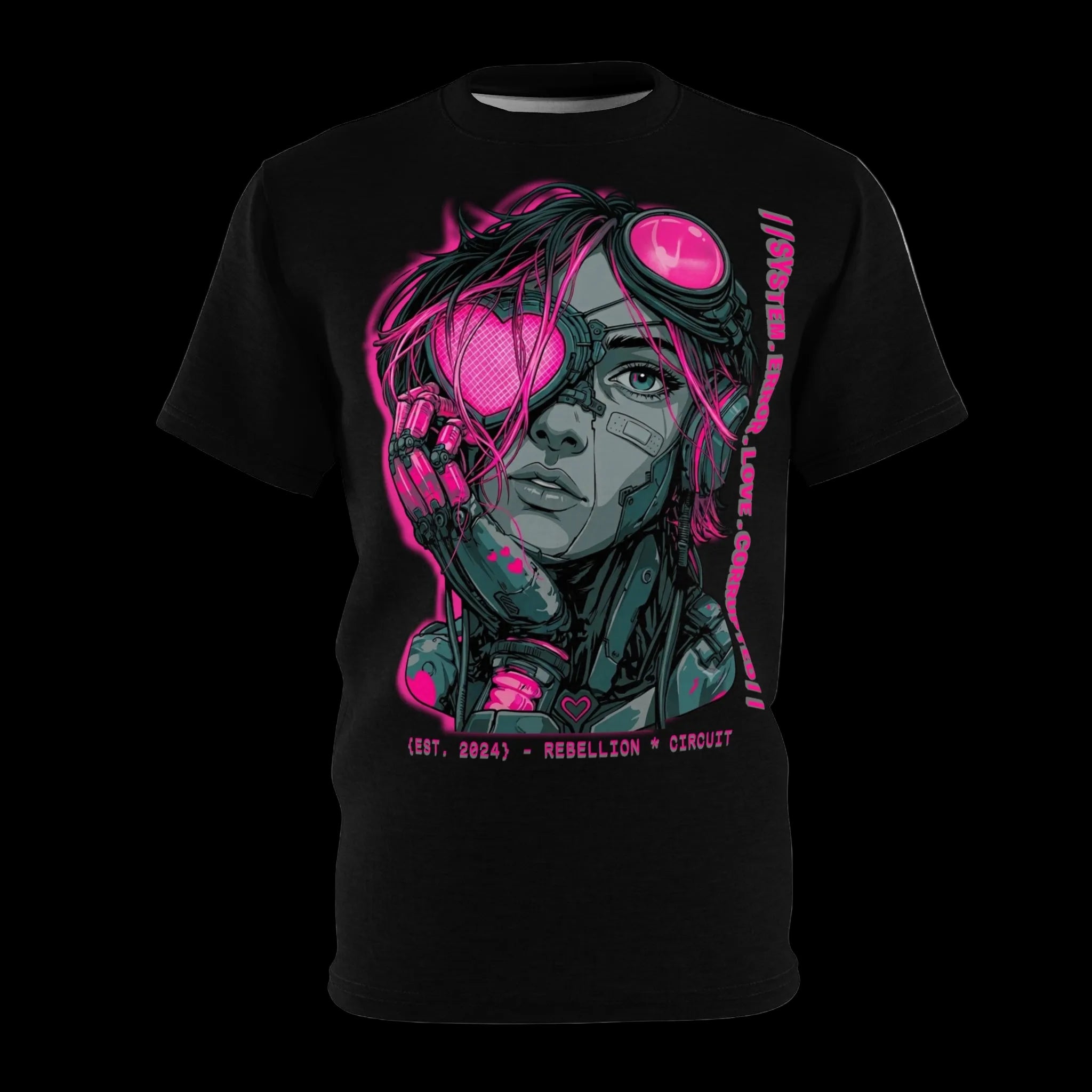 All-over print Gothic graphic tee featuring cybernetic conduit design from Chaos Kitten Emporium, printed by Printify.