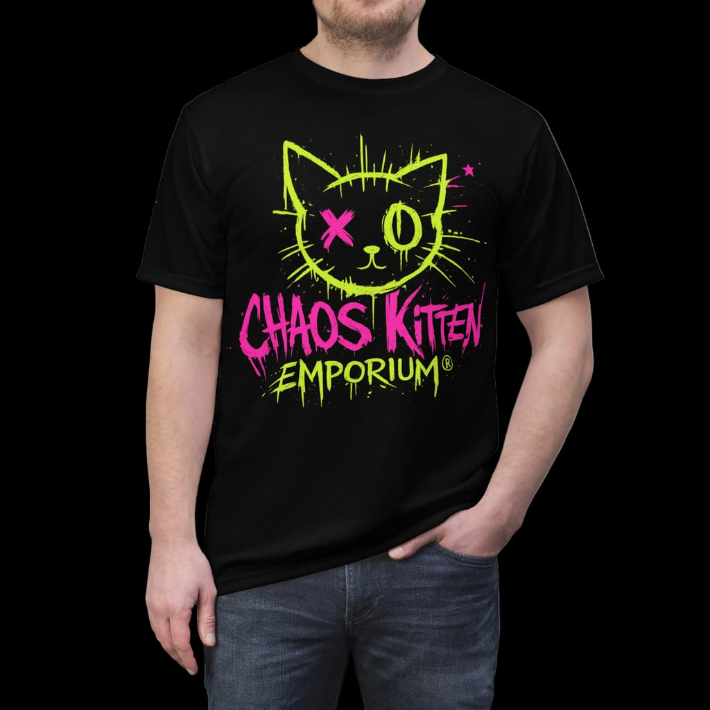 All over print Chaos Kitten graphic tee featuring gothic artwork, designed by Printify for stylish, bold casual wear.