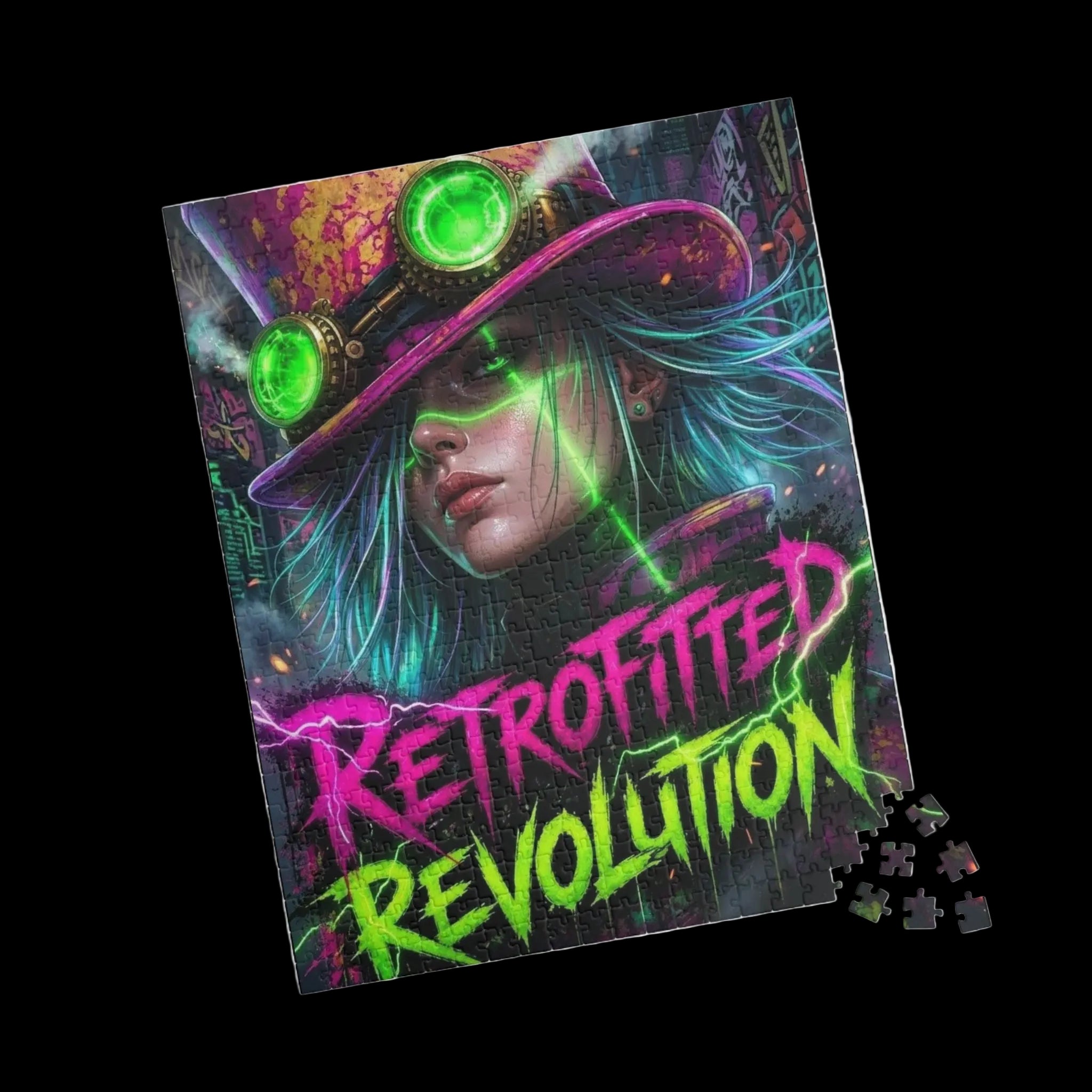 Vibrant puzzle featuring a steampunk figure with colorful hair and goggles, surrounded by neon colors and bold lettering.