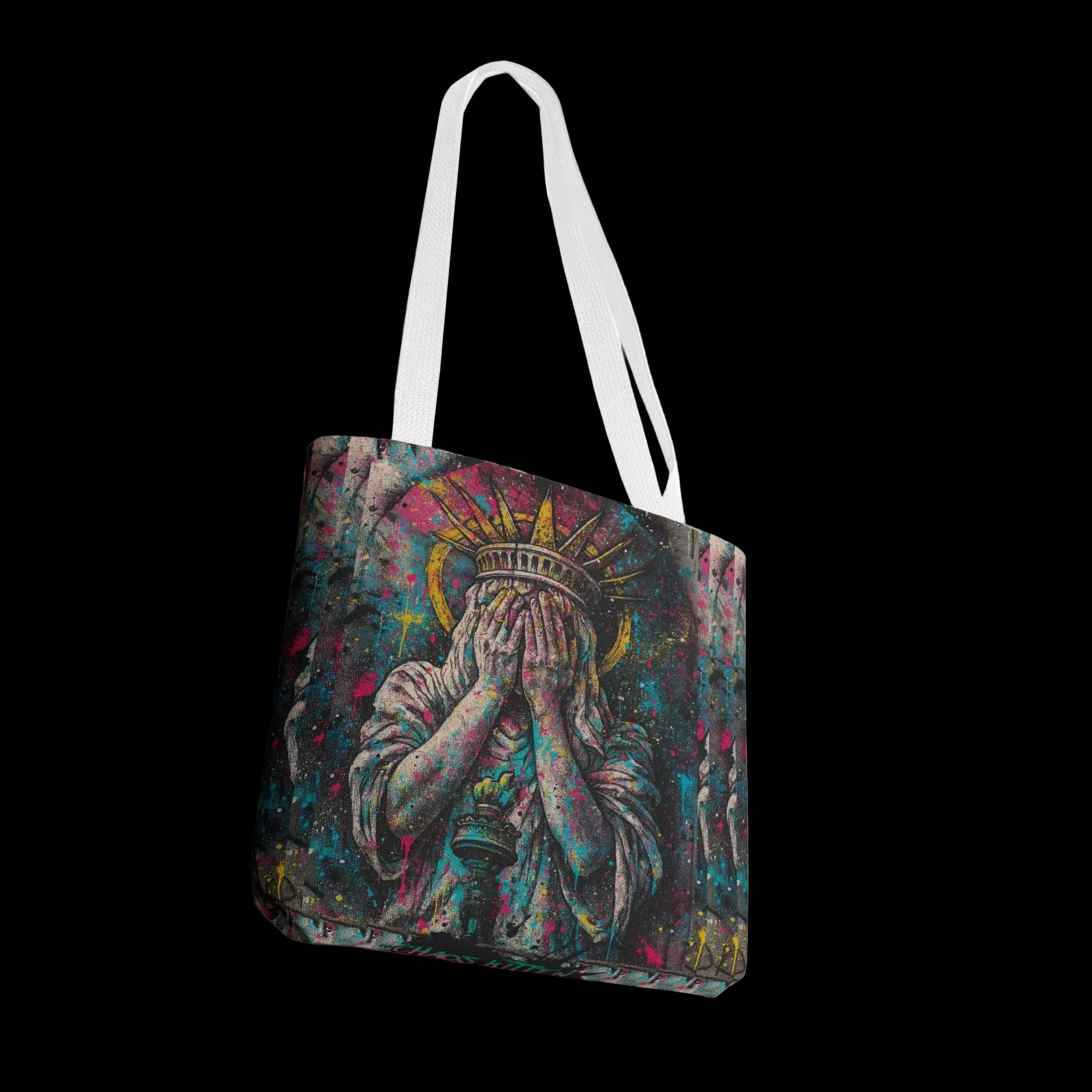Graffiti-inspired Lady Liberty design on a bold tote bag with white handles and a dark background, perfect for free thinkers.
