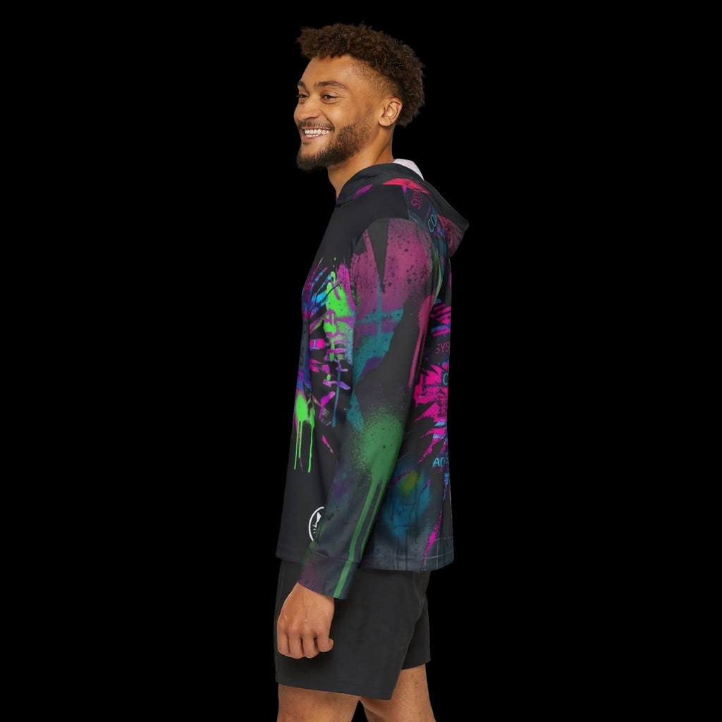 Corrupt Chaos warmup hoodie with vibrant all-over print featuring chaotic design and bold colors, by Printify.