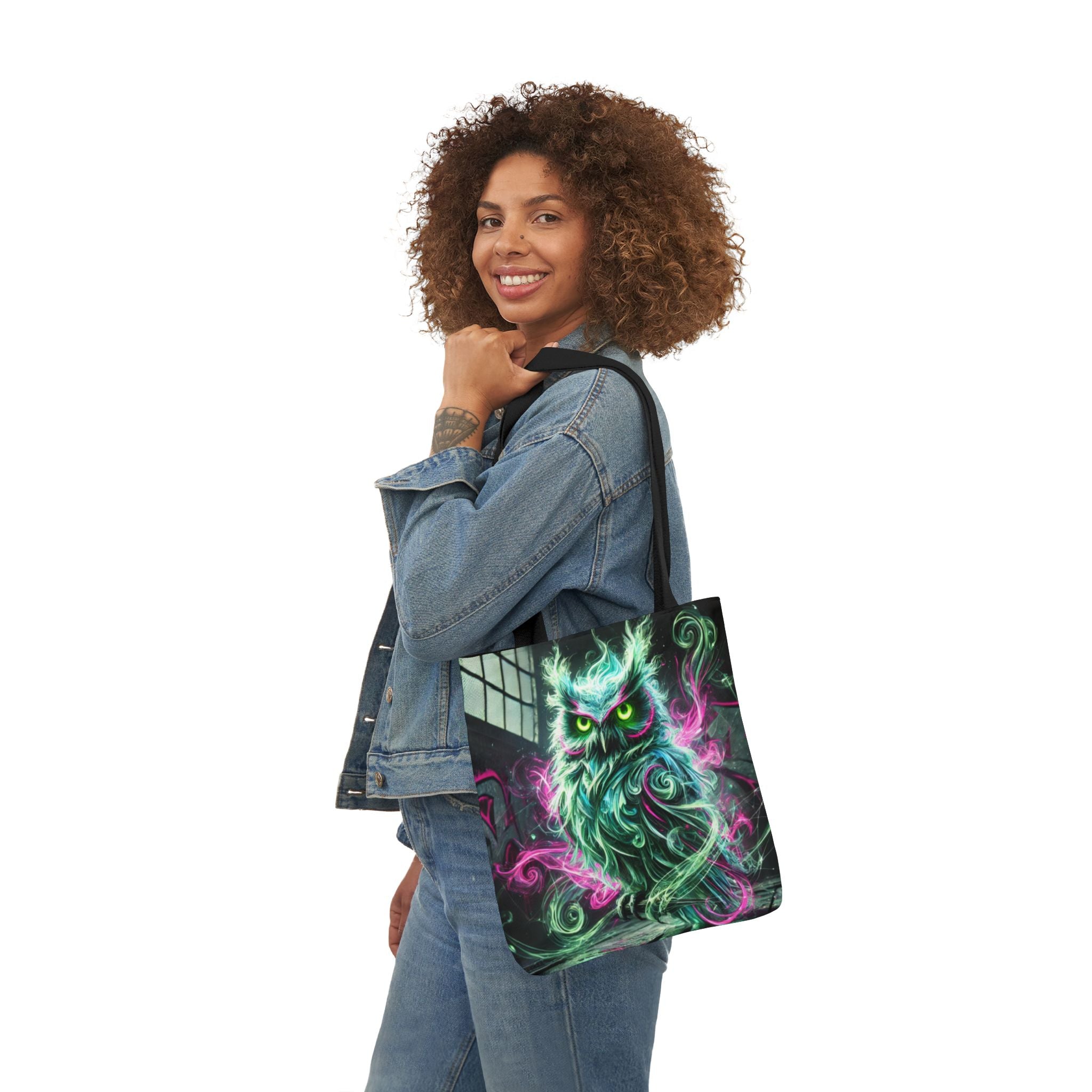 Mystic Owl all-over print tote bag with gothic design, featuring a detailed owl illustration on durable fabric.