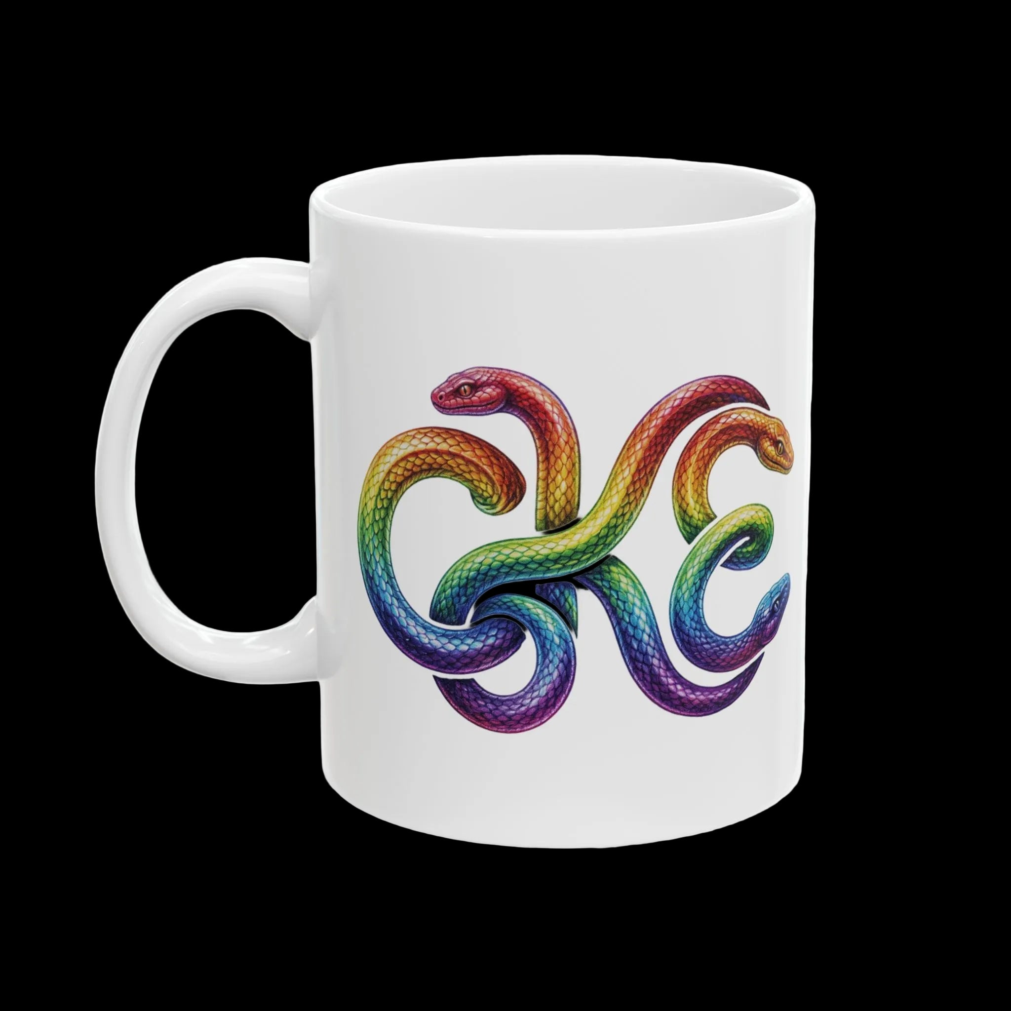 Colorful ceramic mug featuring Medusa design with vibrant serpents, perfect for coffee and tea lovers.