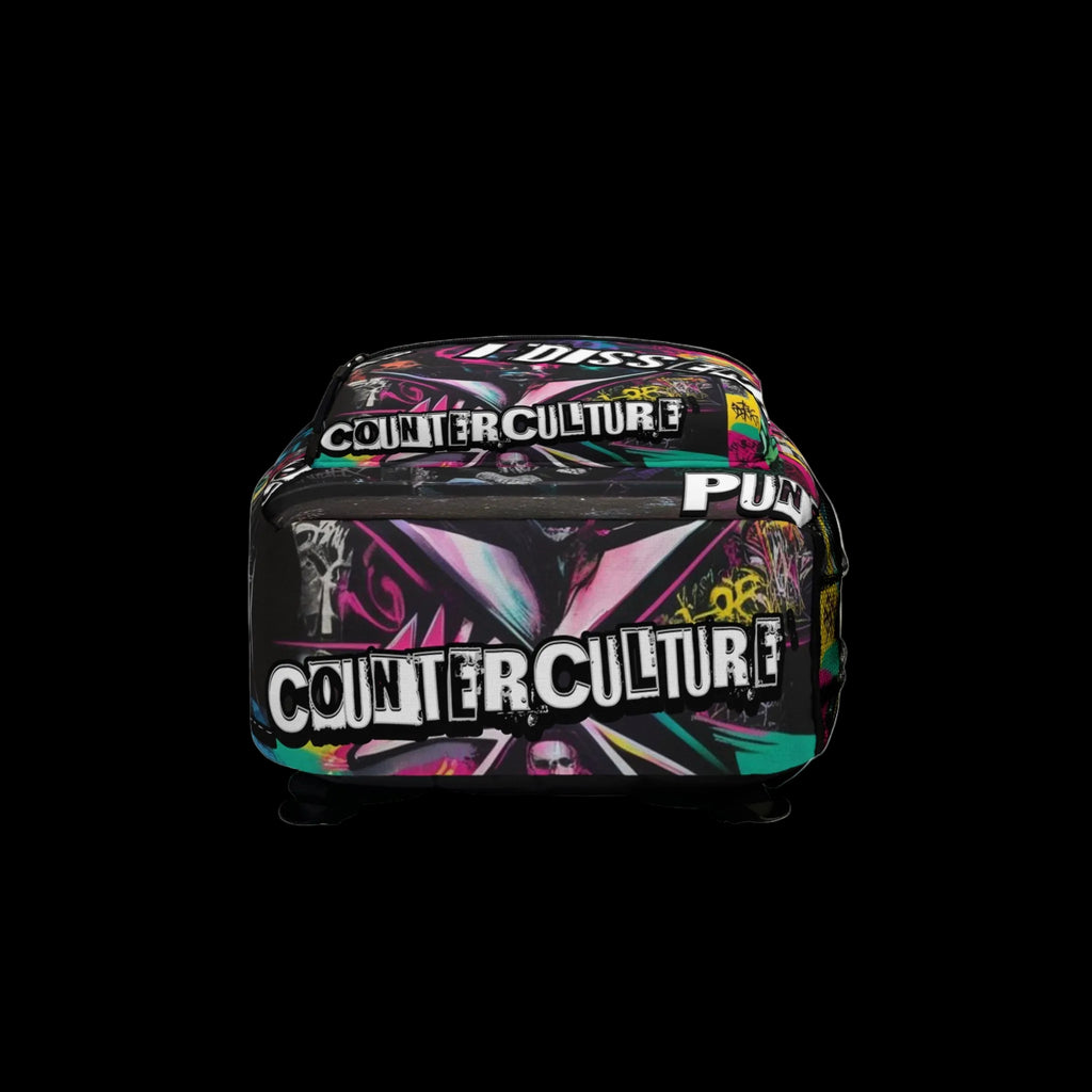 Rebel's Cry Backpack by Printify featuring edgy chic design with chaos kitten artwork, stylish bag for everyday use.
