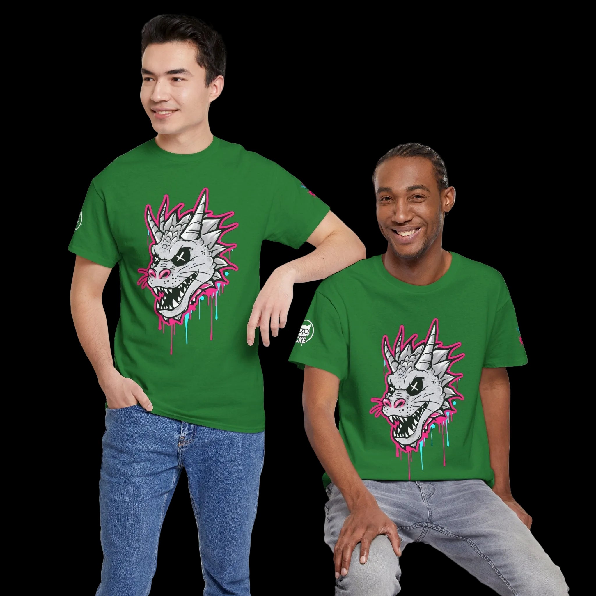 Two individuals wearing a green graphic t-shirt featuring a bold dragon skull design with electric pink and cyan paint drips.