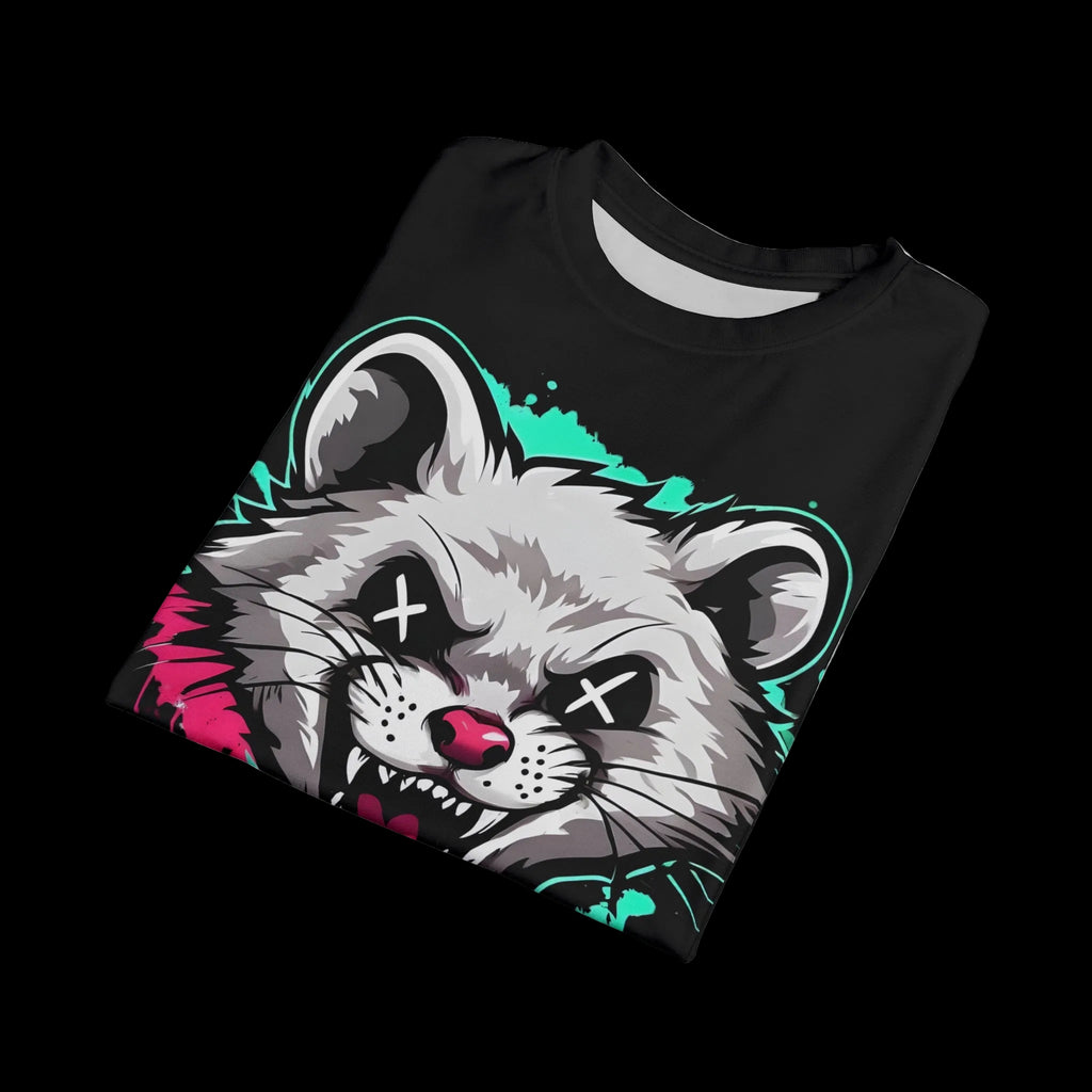 All-over print Graffiti Grunge Ferret graphic tee from Chaos Kitten Emporium, featuring bold ferret graffiti art on a gothic-inspired shirt.