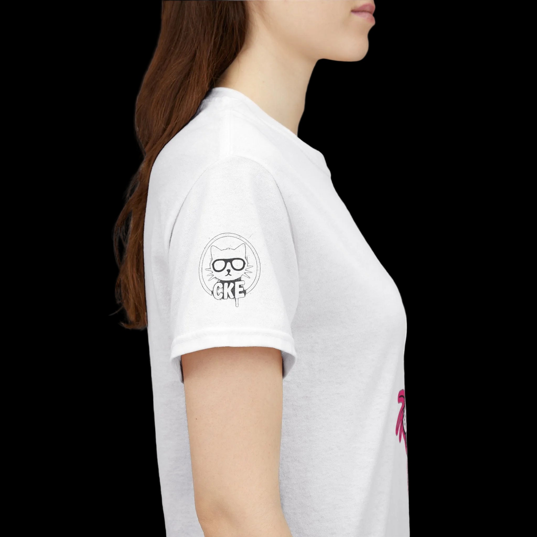 White t-shirt with Chaos Kitten Emporium 'CKE' Logo on sleeve worn by a person.