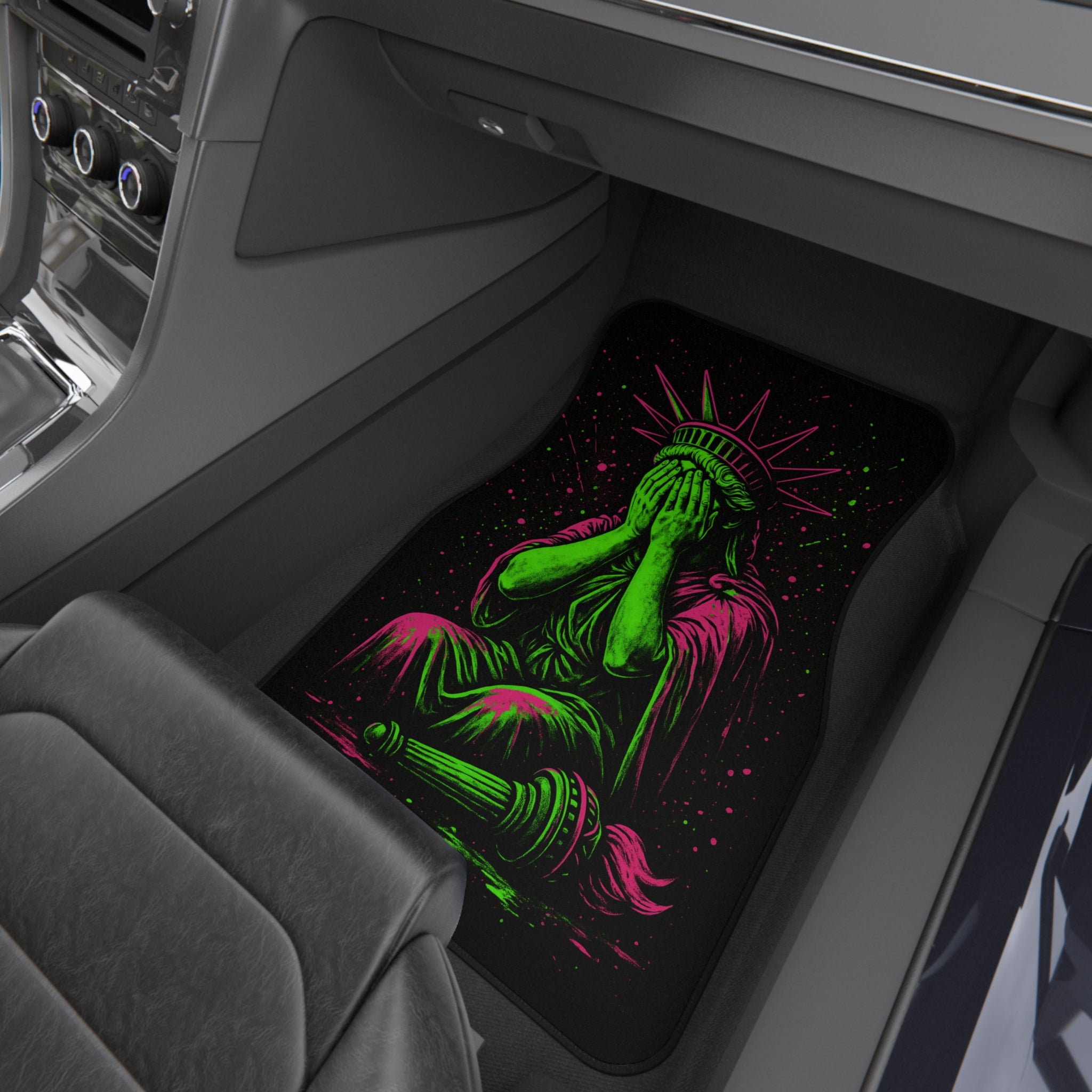 Neon Liberty car mat set by Chaos Kitten Emporium® featuring vibrant neon design, durable accessories for vehicle interior.