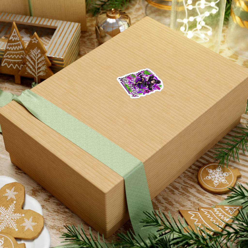 a box with a ribbon and ornaments