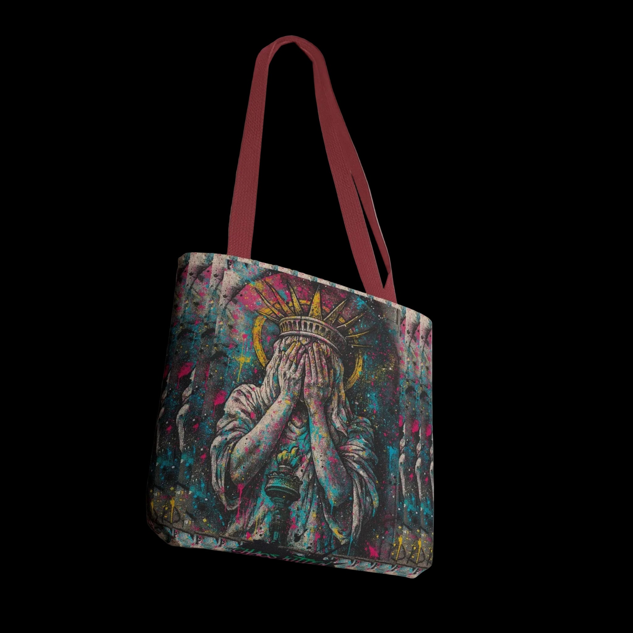 Graffiti-inspired Lady Liberty design on a rectangular tote bag with vibrant colors and two shoulder straps.
