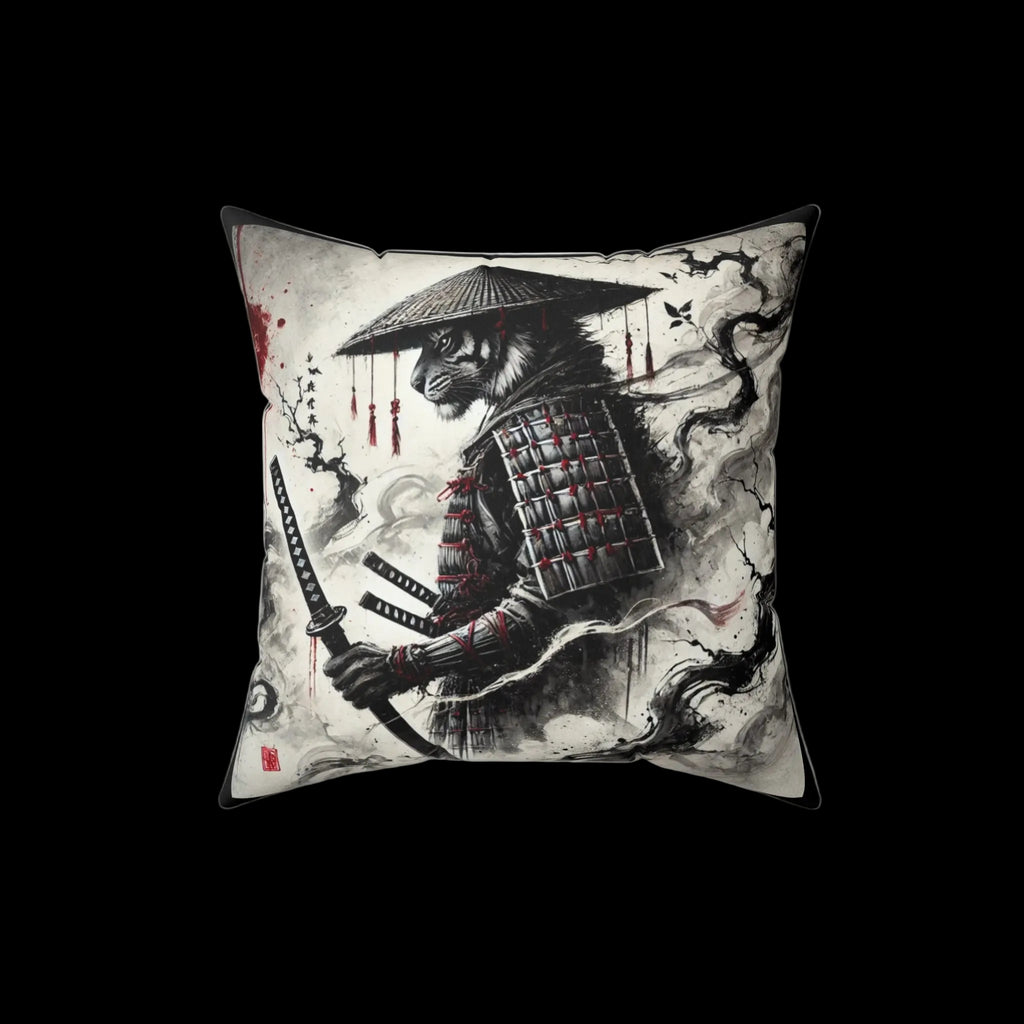 Samurai tiger pillow featuring Japanese art design, decorative home cushion from Chaos Kitten Emporium®, printed by Printify.