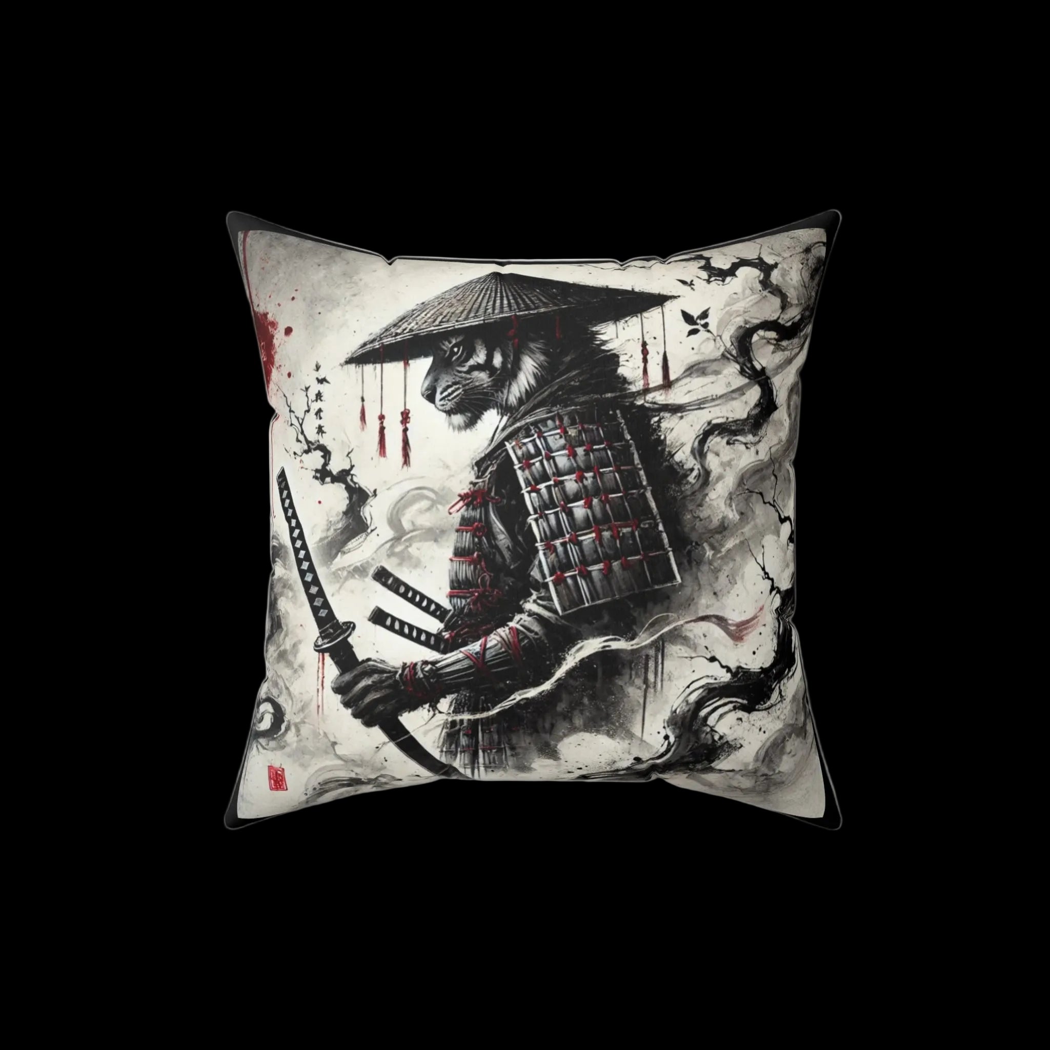 Samurai tiger pillow featuring Japanese art design, decorative home cushion from Chaos Kitten Emporium®, printed by Printify.