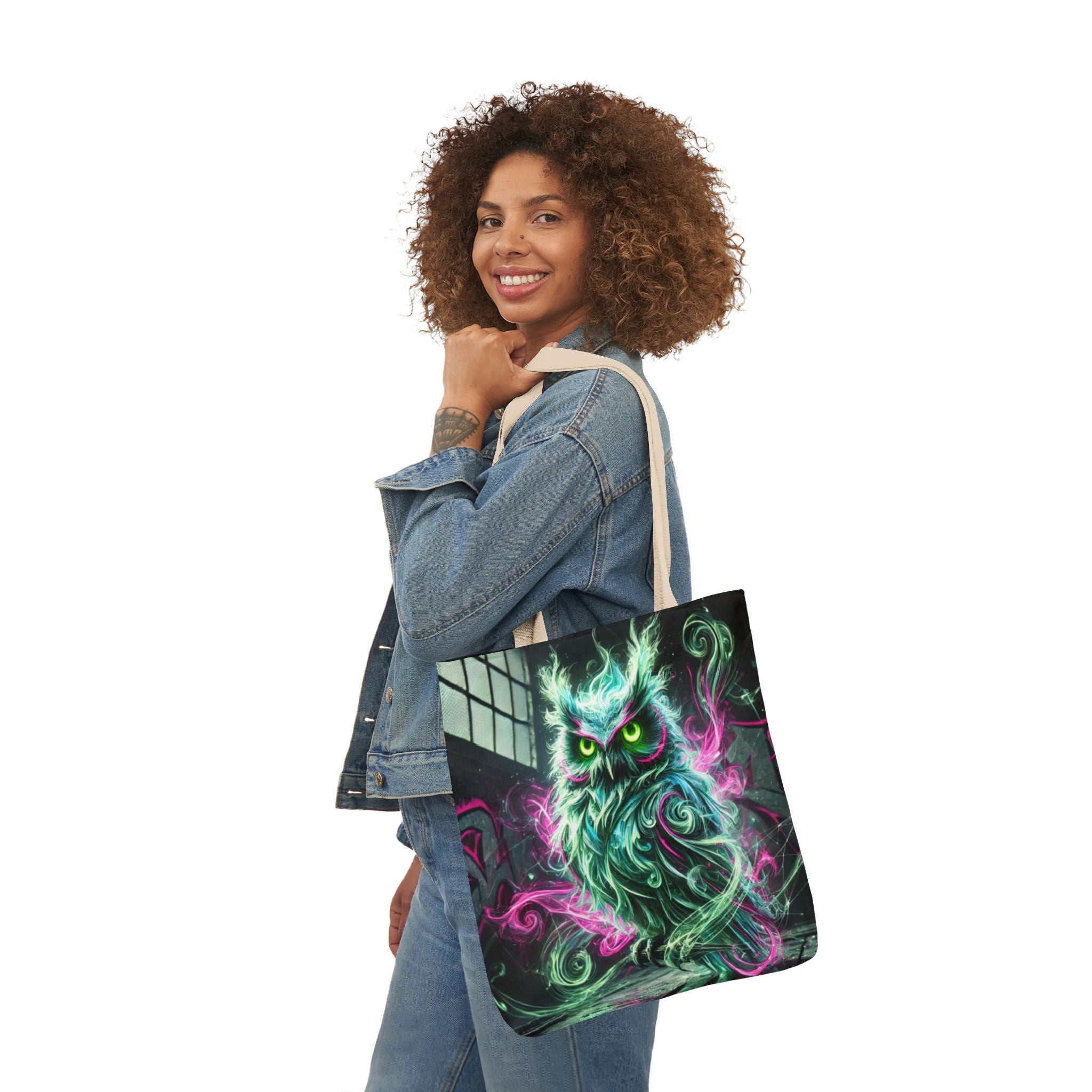 Mystic Owl all-over print tote bag with gothic design, featuring an intricate owl pattern, by Chaos Kitten Emporium and Printify.