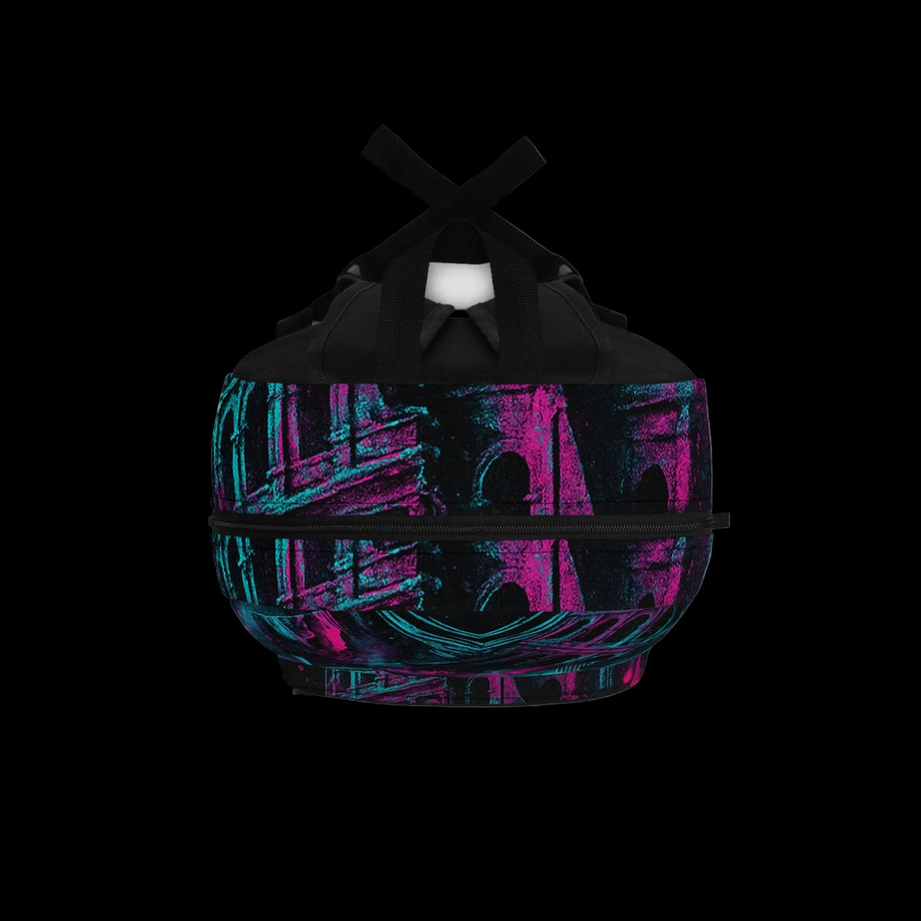 Vibrant Neon Graffiti CHAOS Backpack featuring electric teal and magenta design on a black background with adjustable straps.