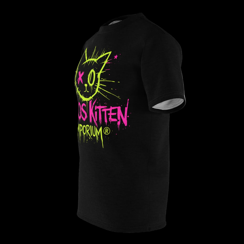 All-over print Chaos Kitten graphic tee in gothic style, featuring a bold, artistic kitten design from Printify's Chaos Kitten Emporium.