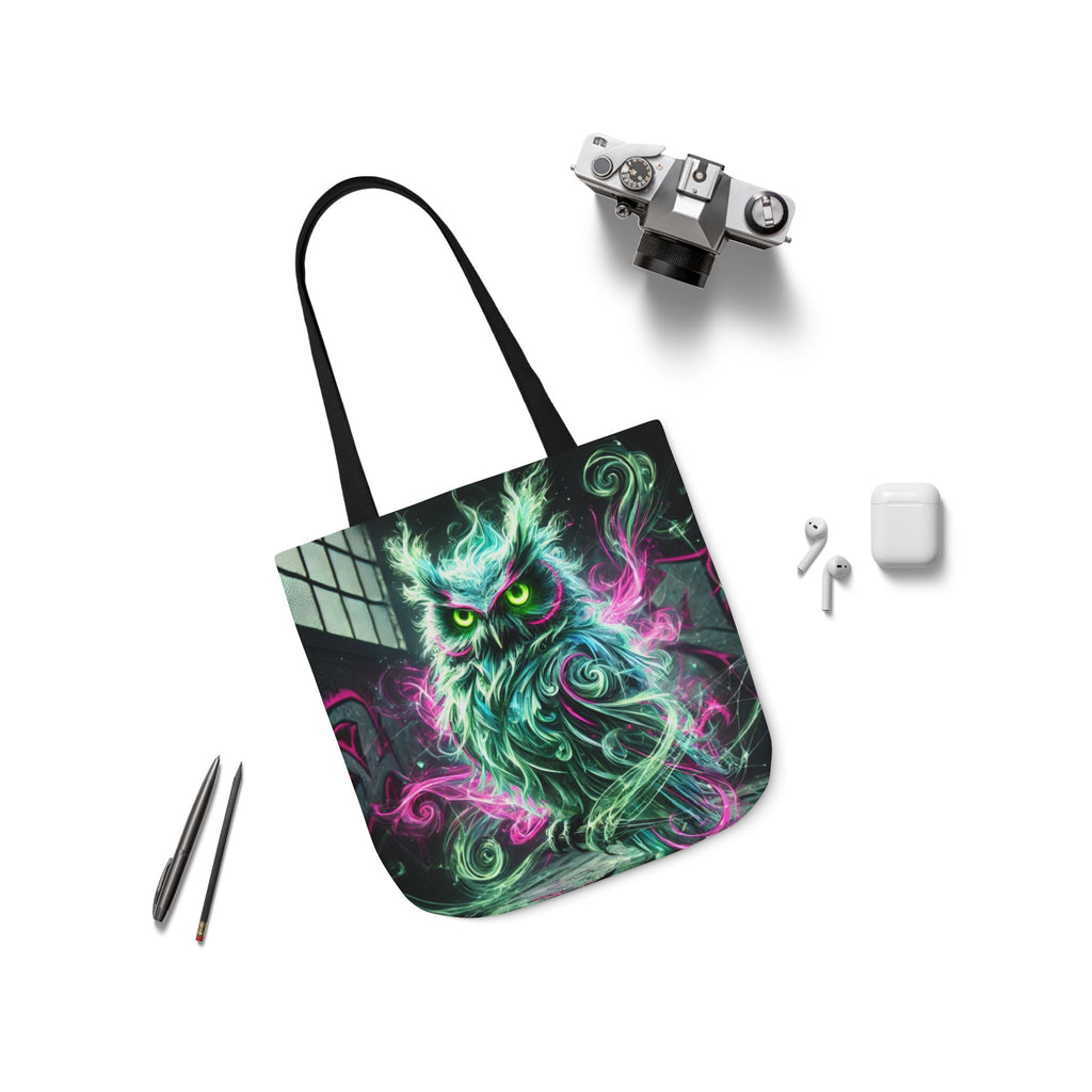 Mystic Owl all-over print tote bag featuring gothic owl design, made by Printify, with sturdy handles and detailed artwork.