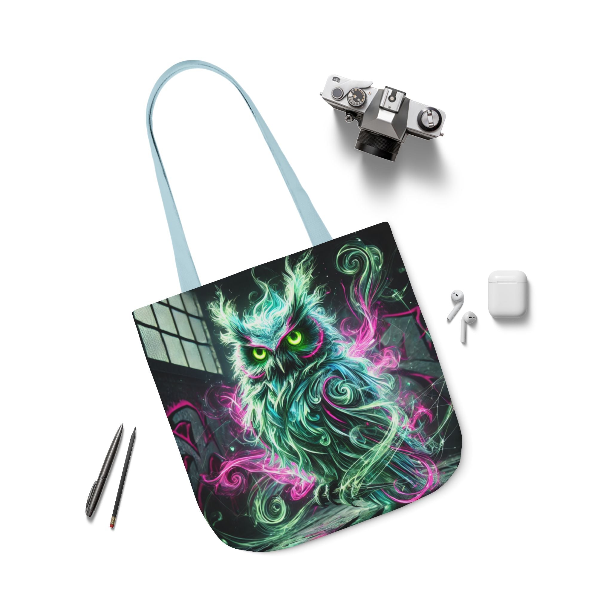 Mystic Owl all-over print tote bag from Chaos Kitten Emporium featuring gothic owl design, black handles, and vibrant print.