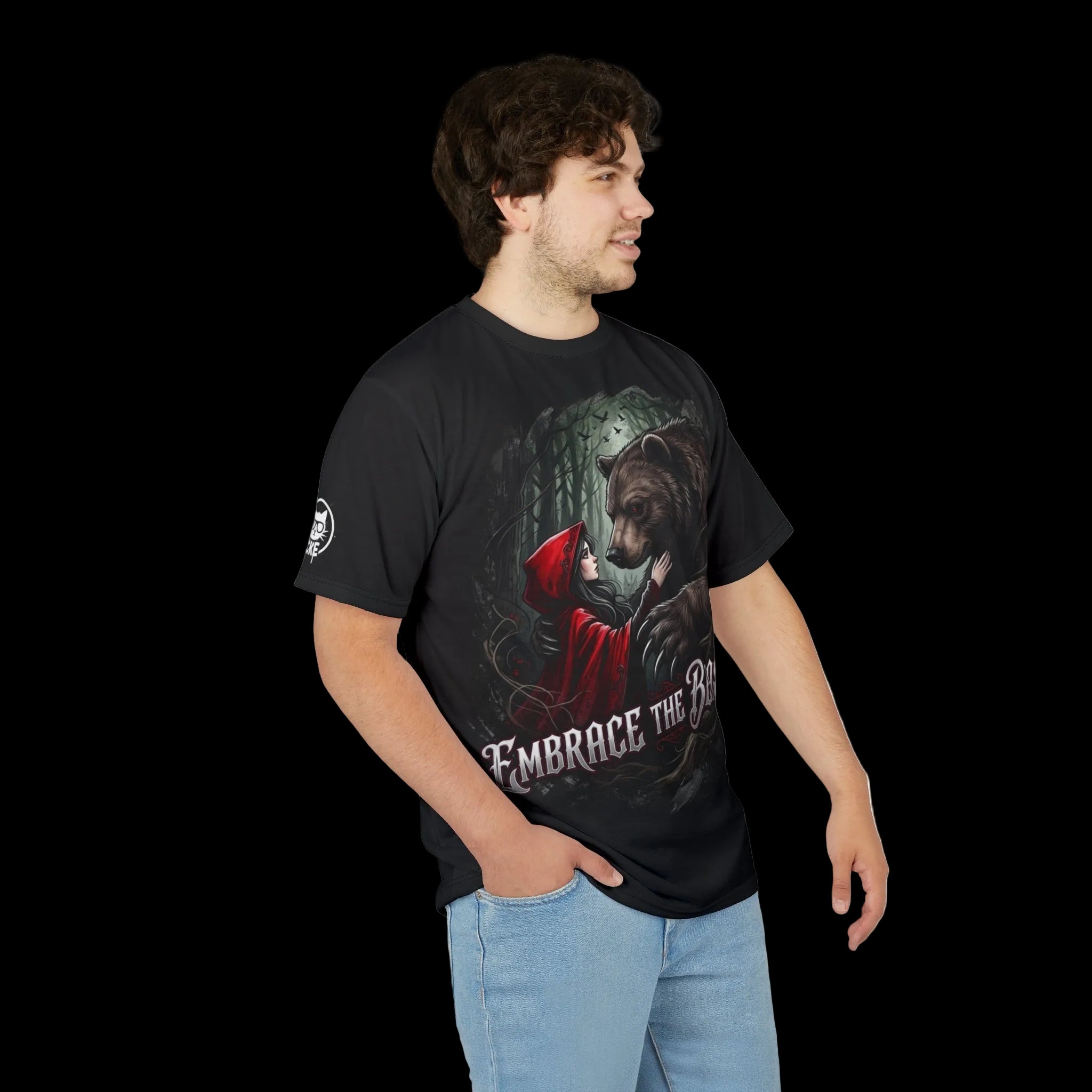 All-over print graphic tee featuring dark fairytale art with a chaos kitten design, by Printify for Embrace The Beast streetwear.