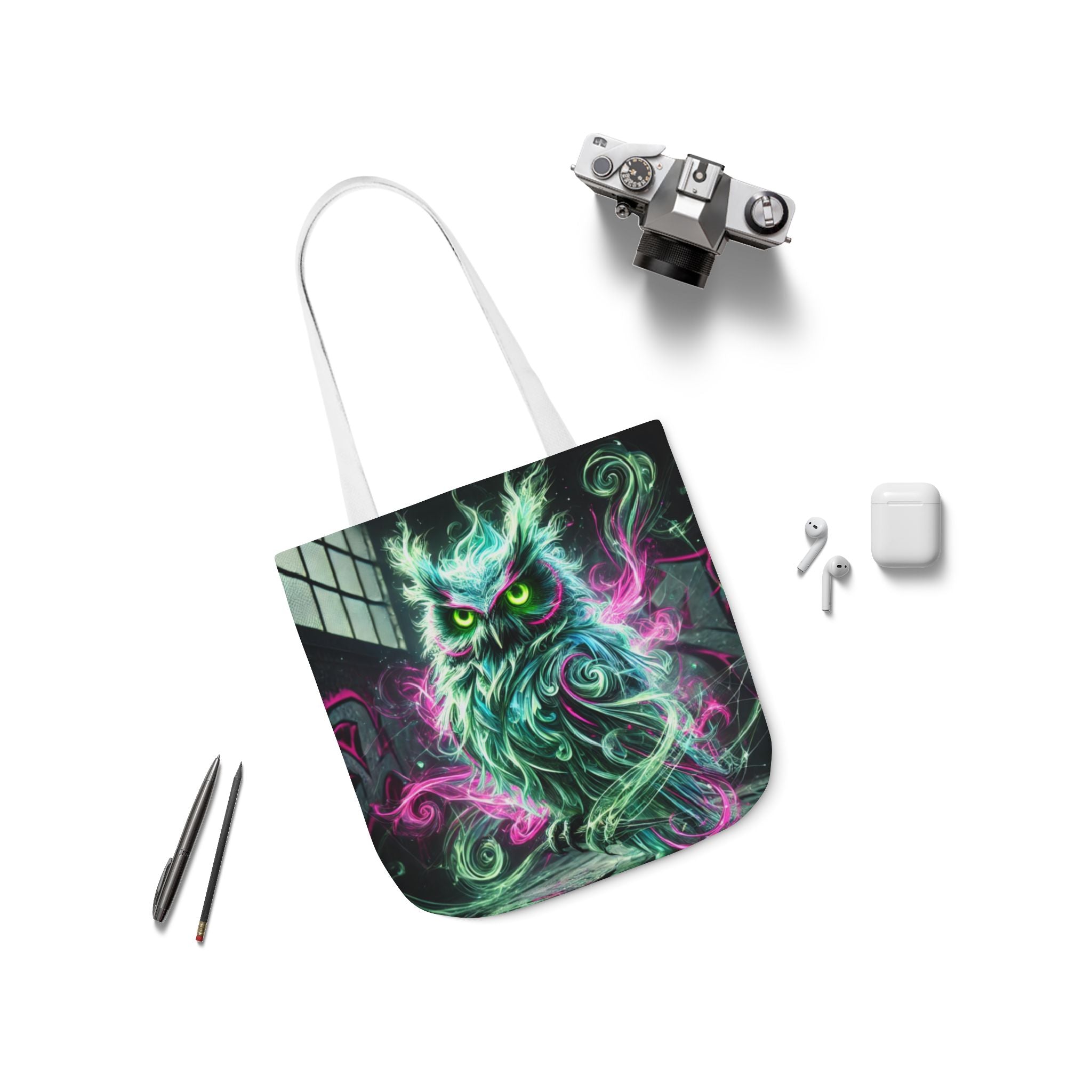 Mystic Owl all-over print tote bag featuring gothic design, made by Printify, with detailed owl artwork on black fabric.
