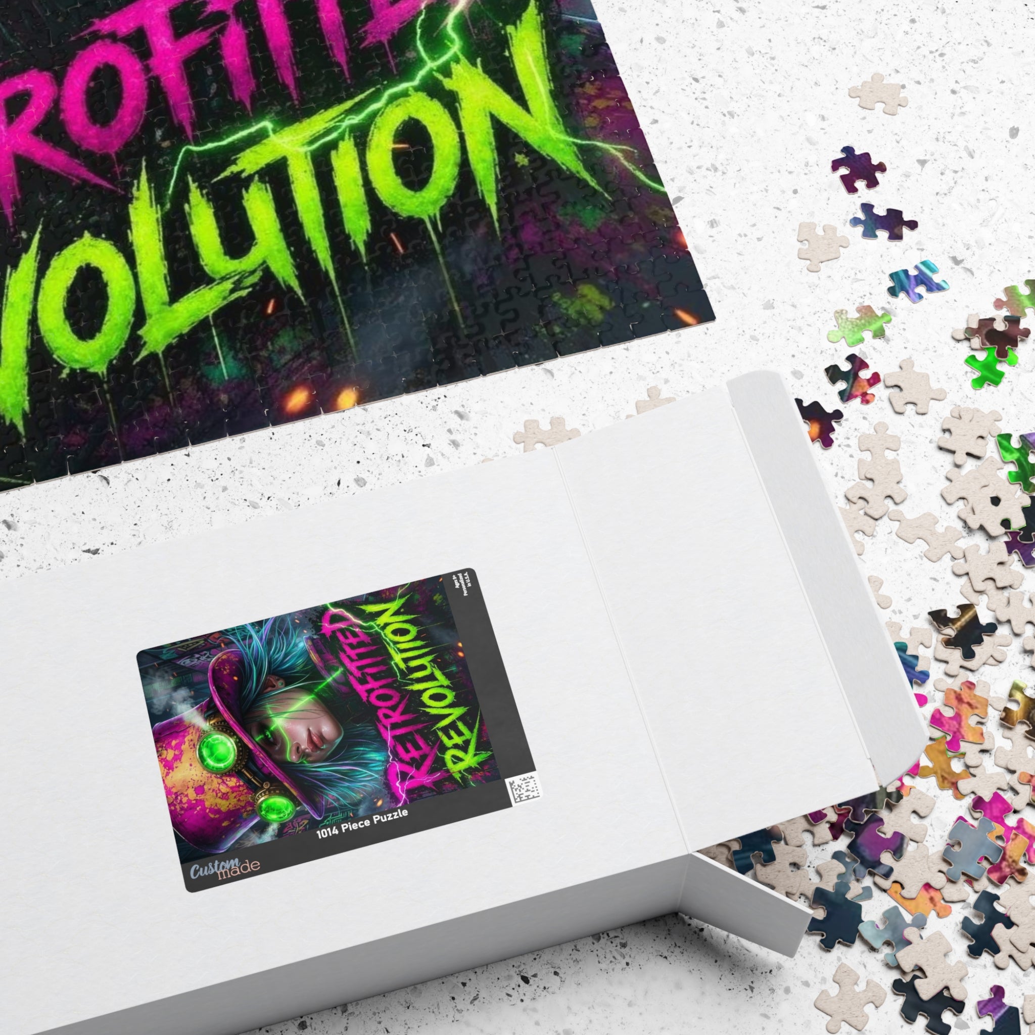 Bold neon jigsaw puzzle featuring a steampunk figure and the title 'Retrofitted Revolution' with scattered pieces.