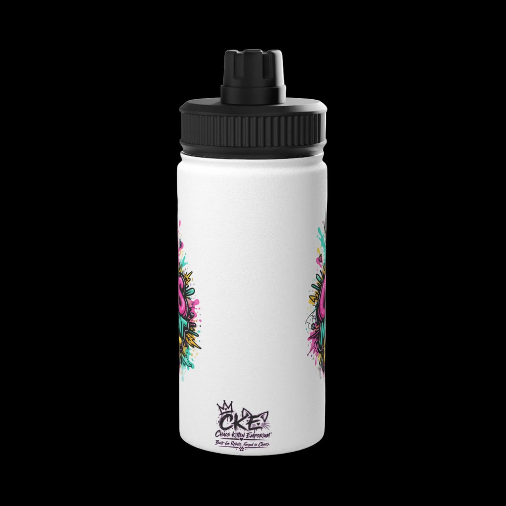 a white water bottle with a black cap