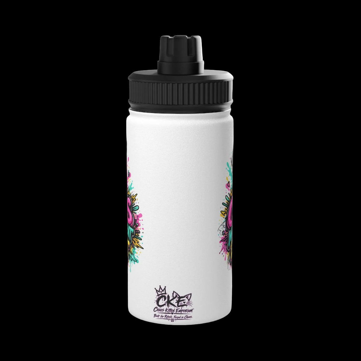 a white water bottle with a black cap