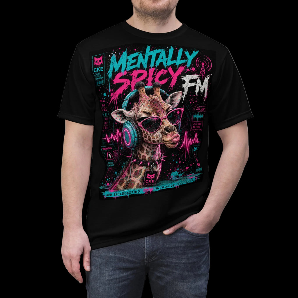 All-over print Mentally Spicy Giraffe graphic tee featuring gothic style artwork by Chaos Kitten Emporium® on a black background.