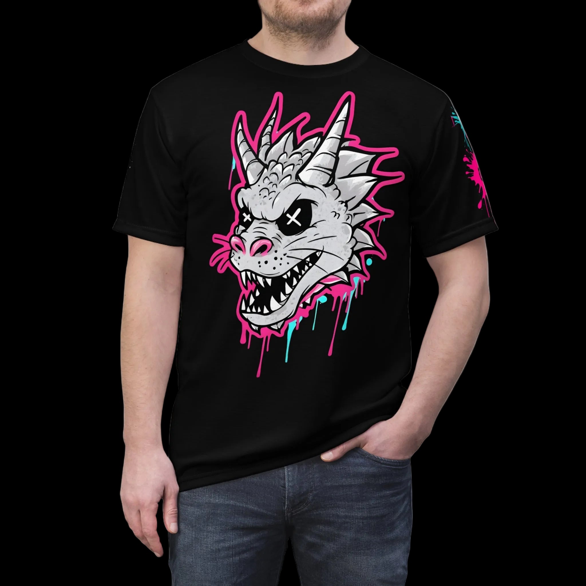 Graffiti grunge dragon graphic tee with gothic style all-over print, featuring bold, edgy dragon artwork on a black t-shirt.