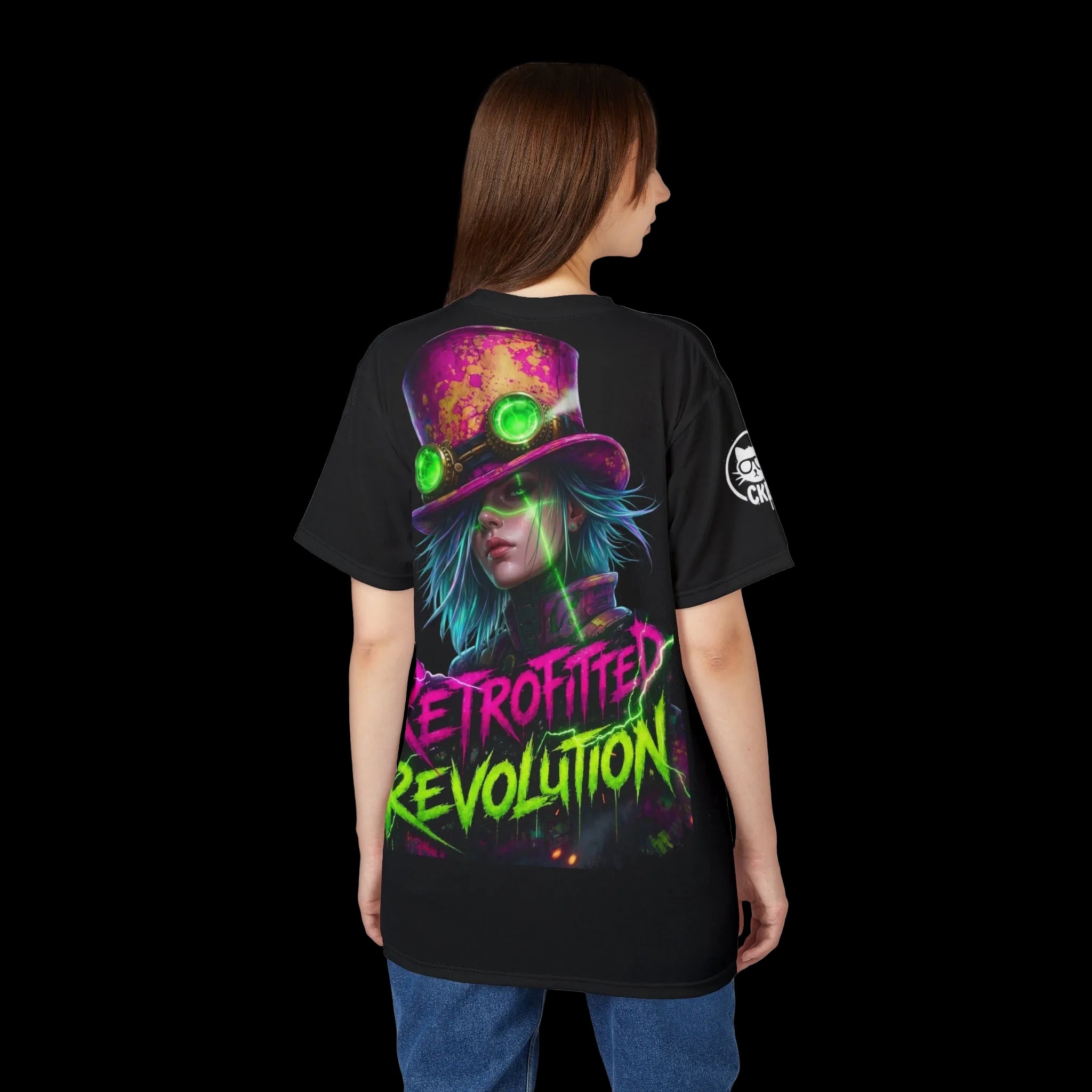 Person wearing a black t-shirt with a colorful graphic design and text on the back.