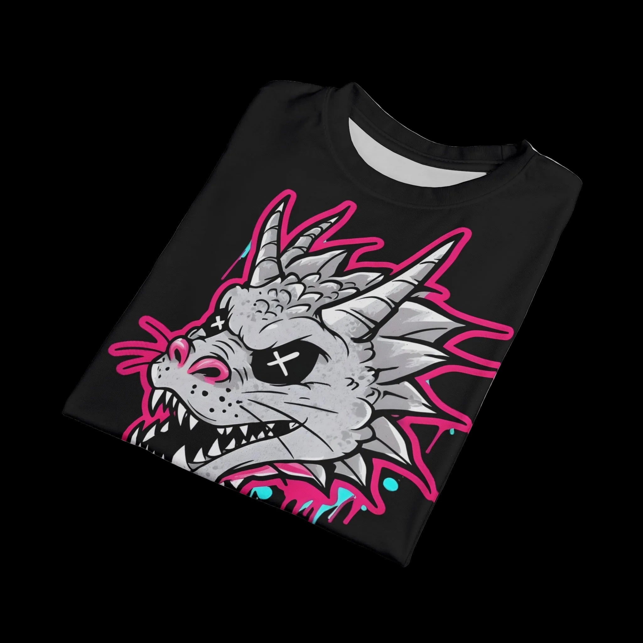 Graffiti grunge dragon graphic tee from Chaos Kitten Emporium featuring all-over print gothic style artwork.