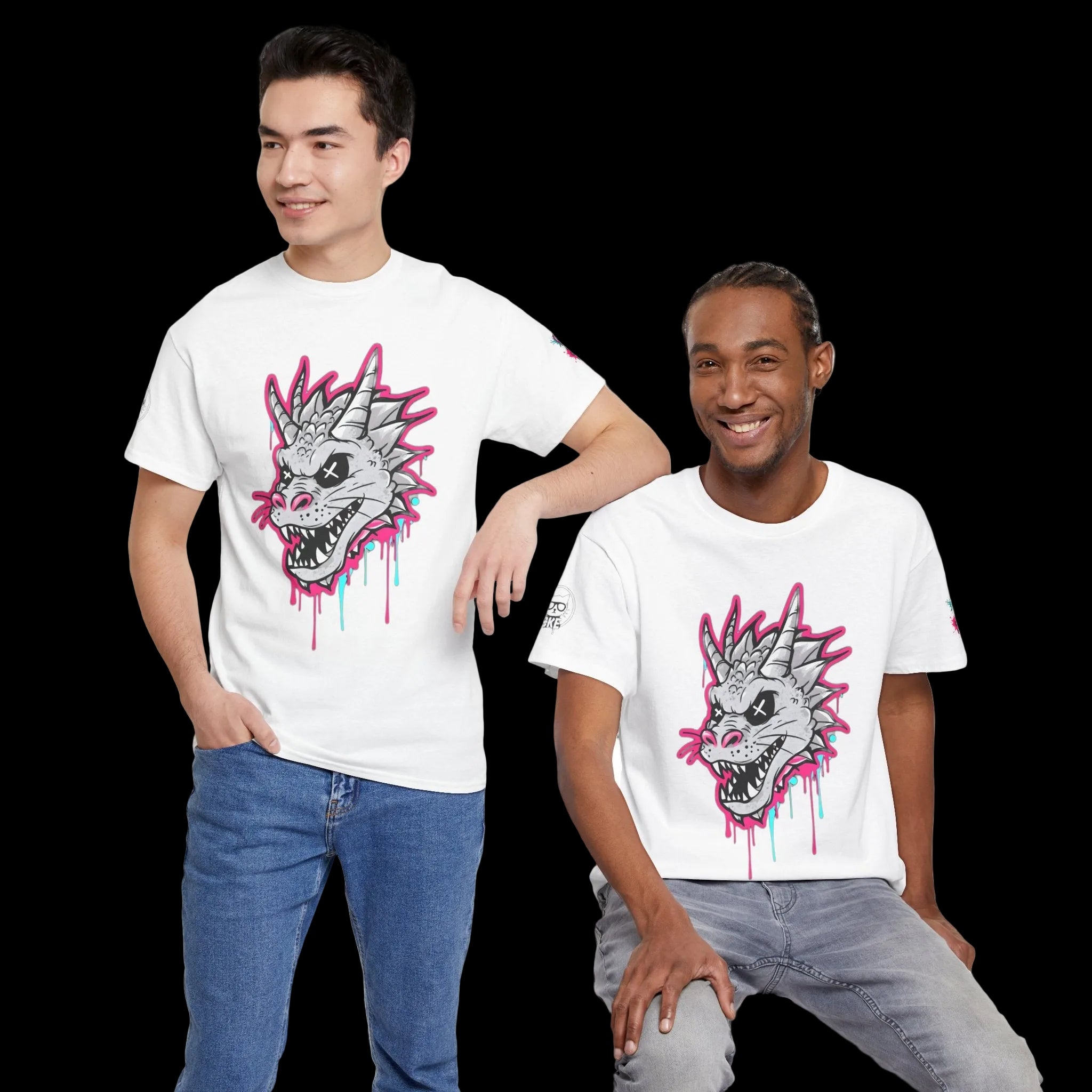 Two individuals wearing a white graphic t-shirt featuring a bold dragon skull design with electric pink and cyan paint drips.