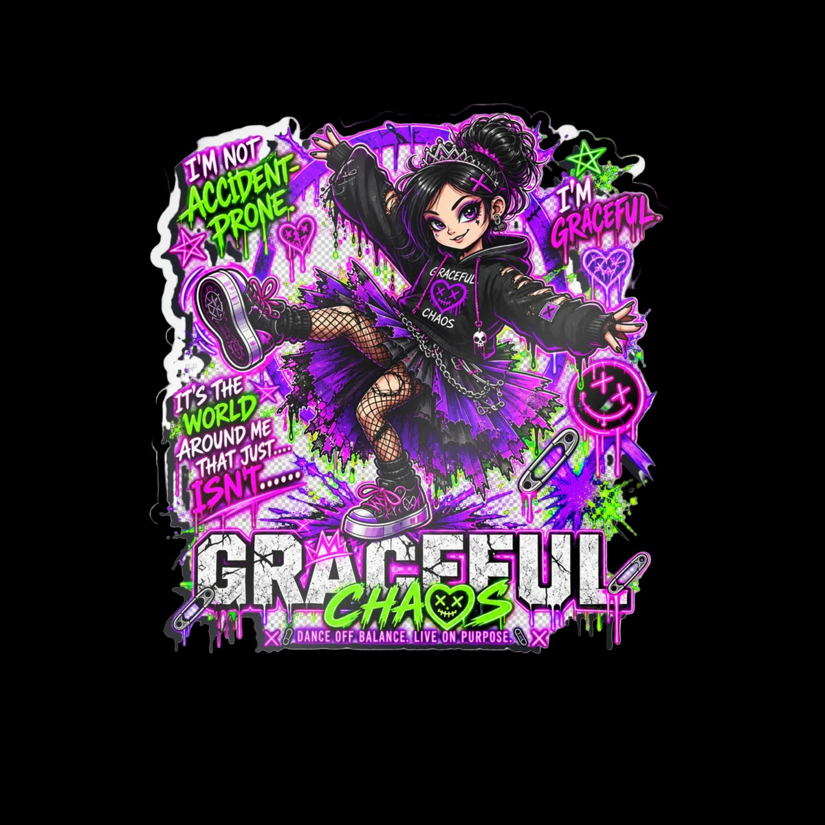 a cartoon of a girl with purple and green text