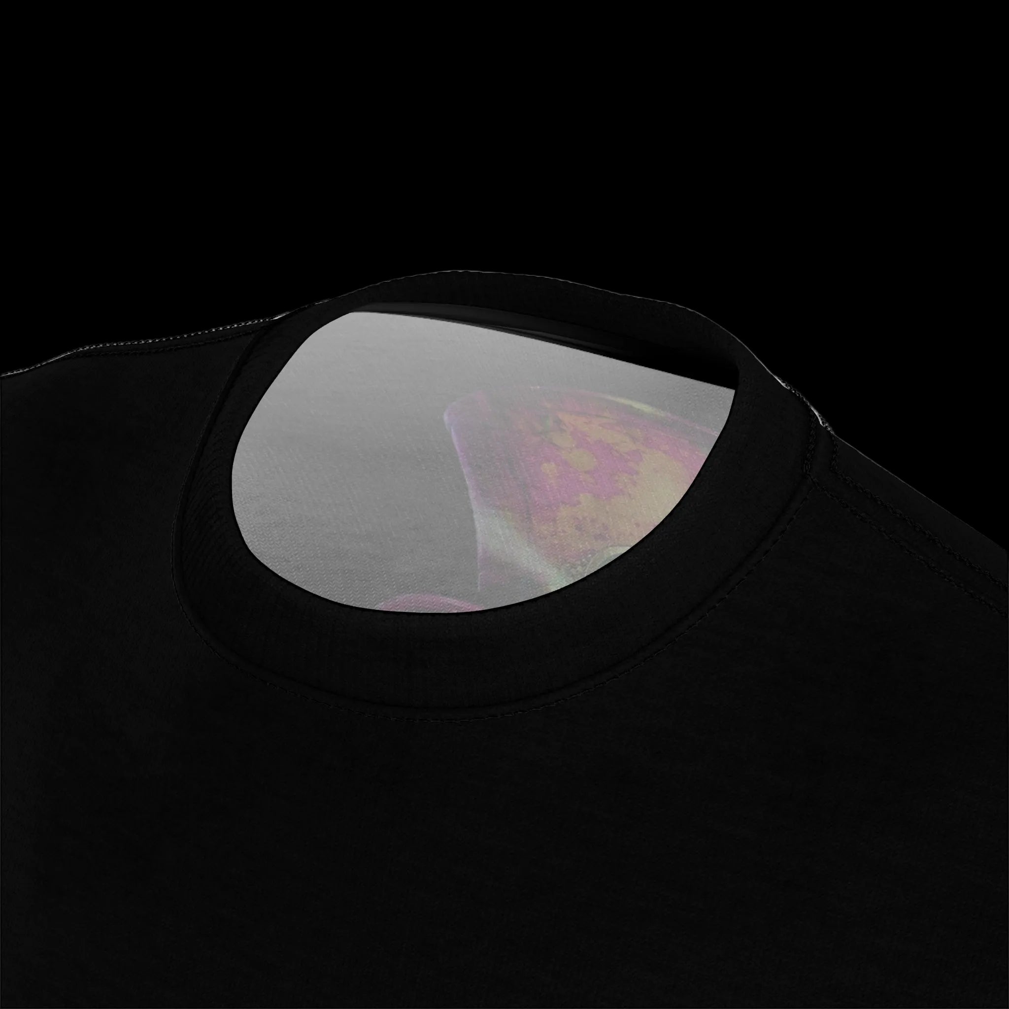 Vibrant all-over print T-shirt featuring a close-up of the rounded neckline with colorful steampunk-inspired design elements.