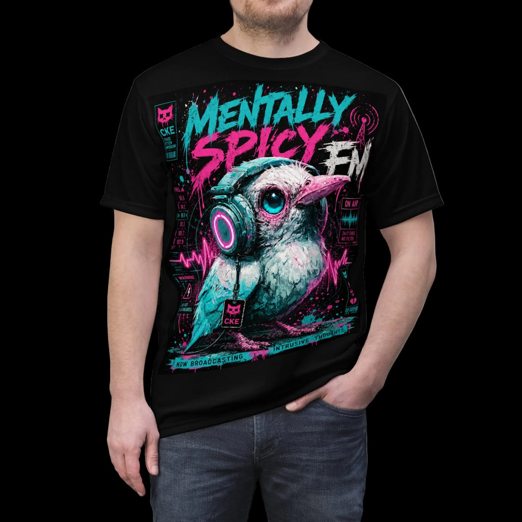 All-over print graphic T-shirt featuring a spicy bird design in gothic style by Printify for Chaos Kitten Emporium.