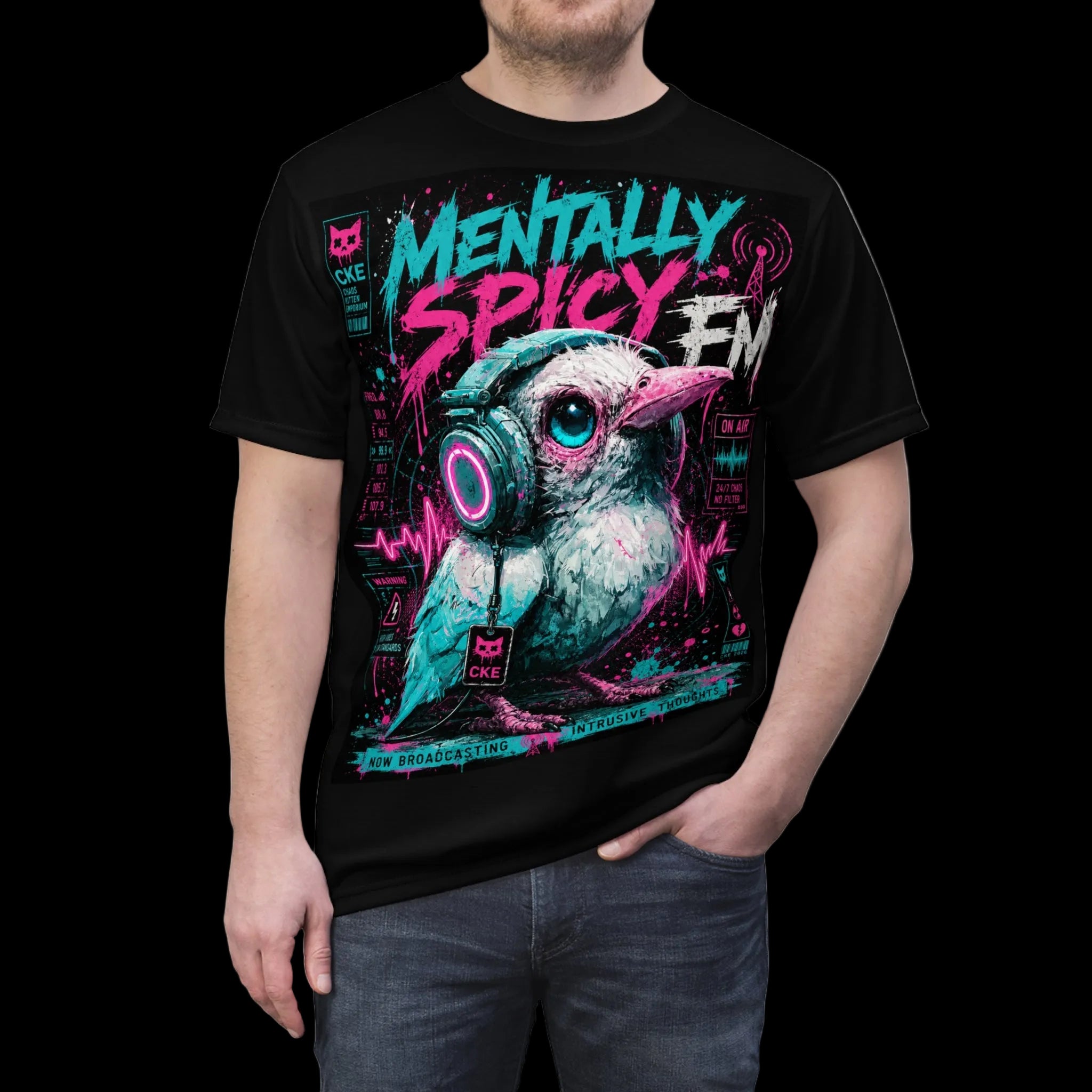 All-over print graphic T-shirt featuring a spicy bird design in gothic style by Printify for Chaos Kitten Emporium.