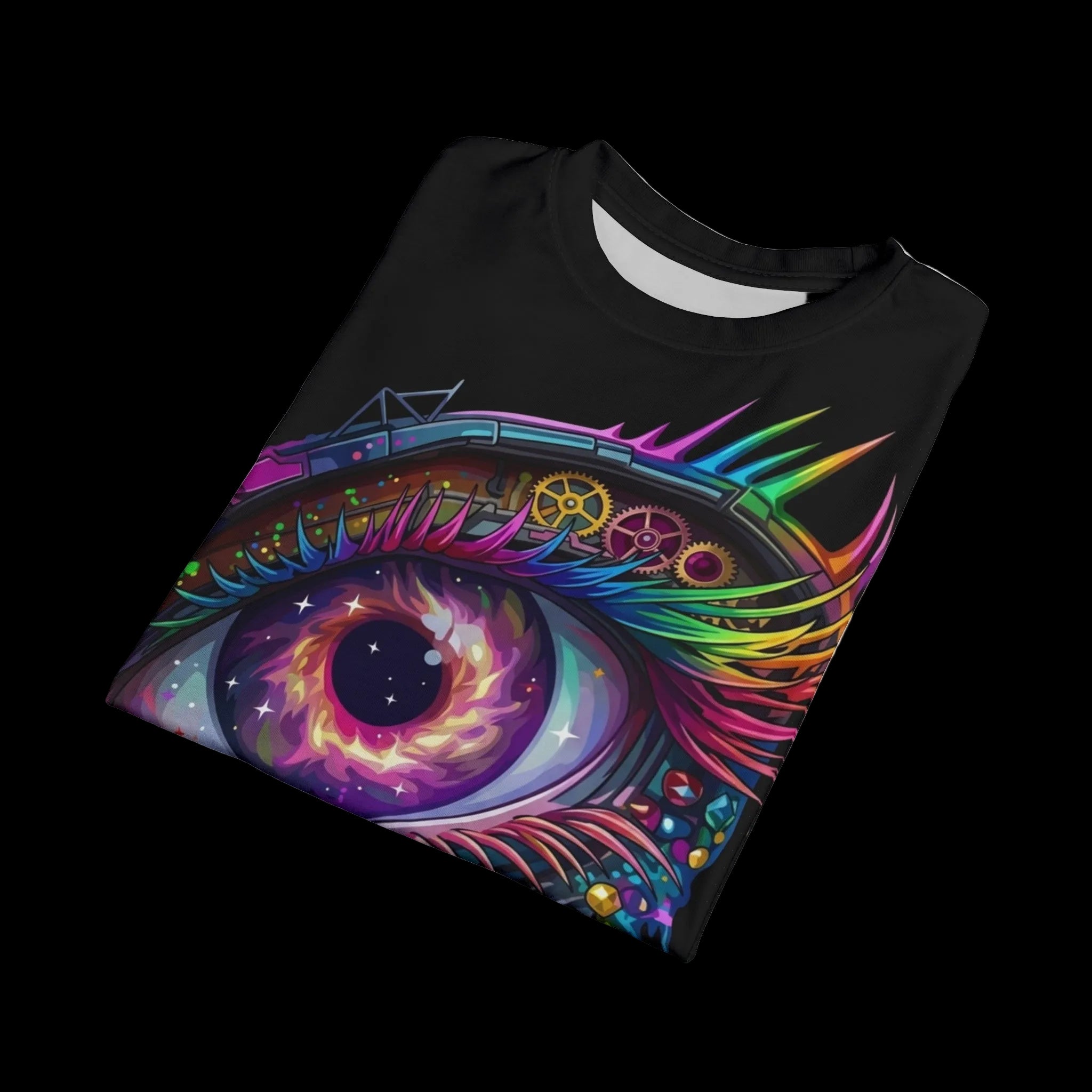 Black t-shirt featuring a vibrant mechanical eye design surrounded by cosmic colors and textures.